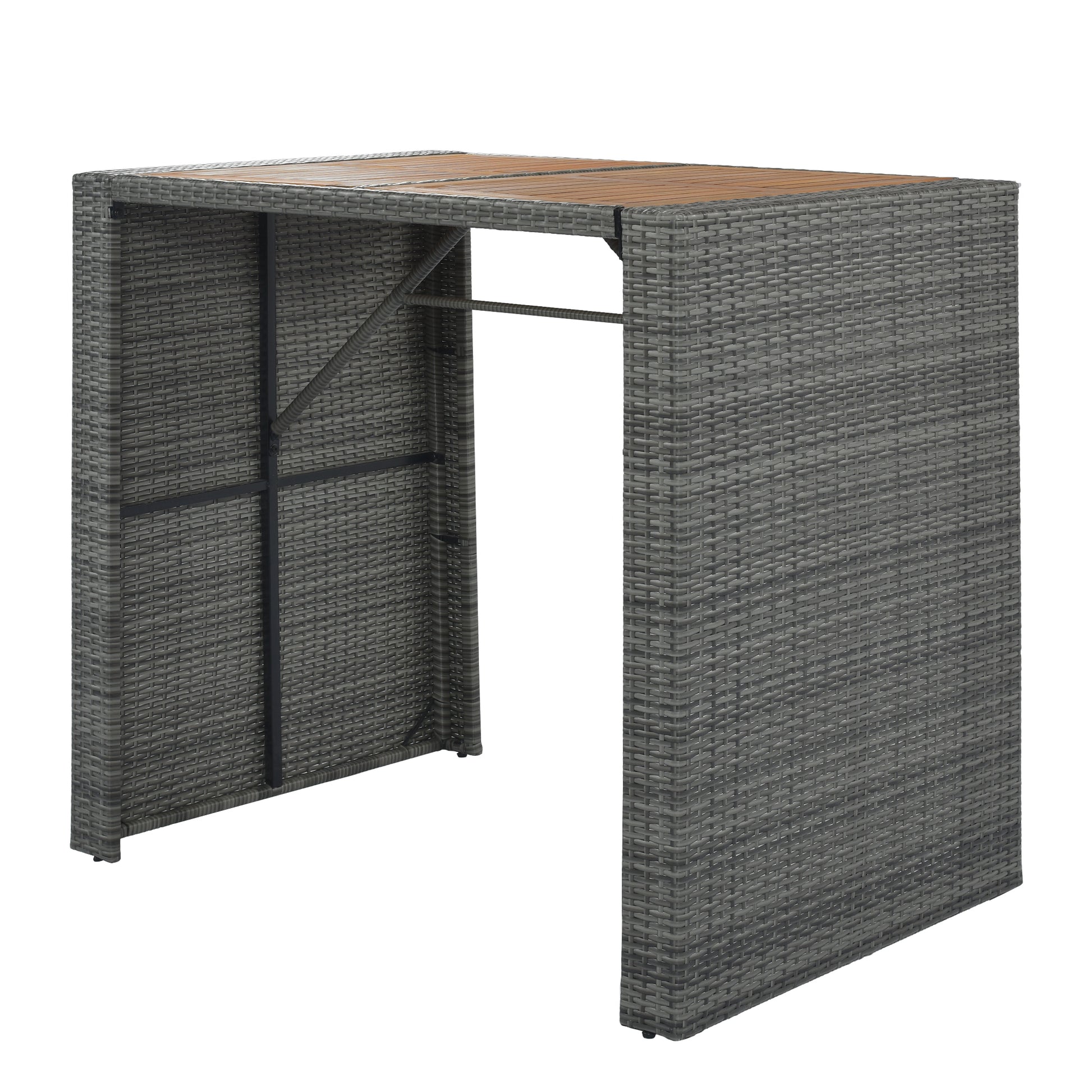 Gray rattan bar table with wooden tabletop ideal for patio dining