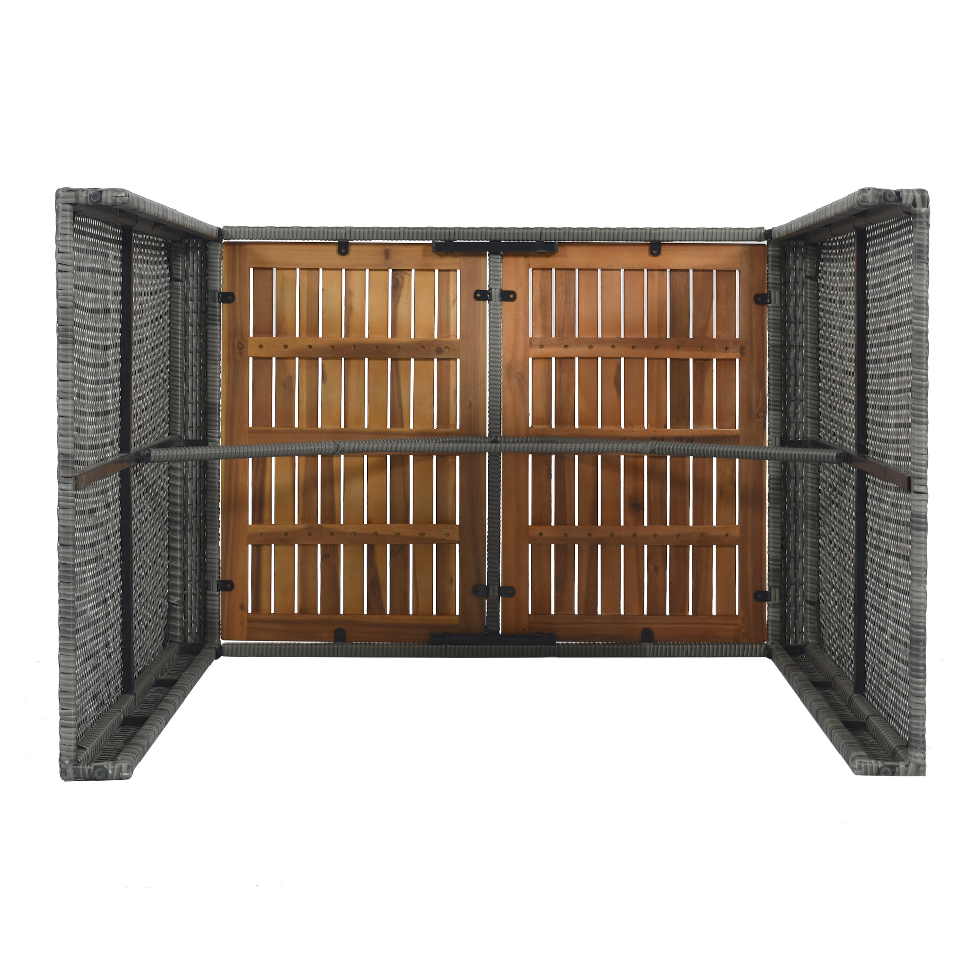 Grey rattan garden storage bin with double wooden doors ideal for outdoor bins