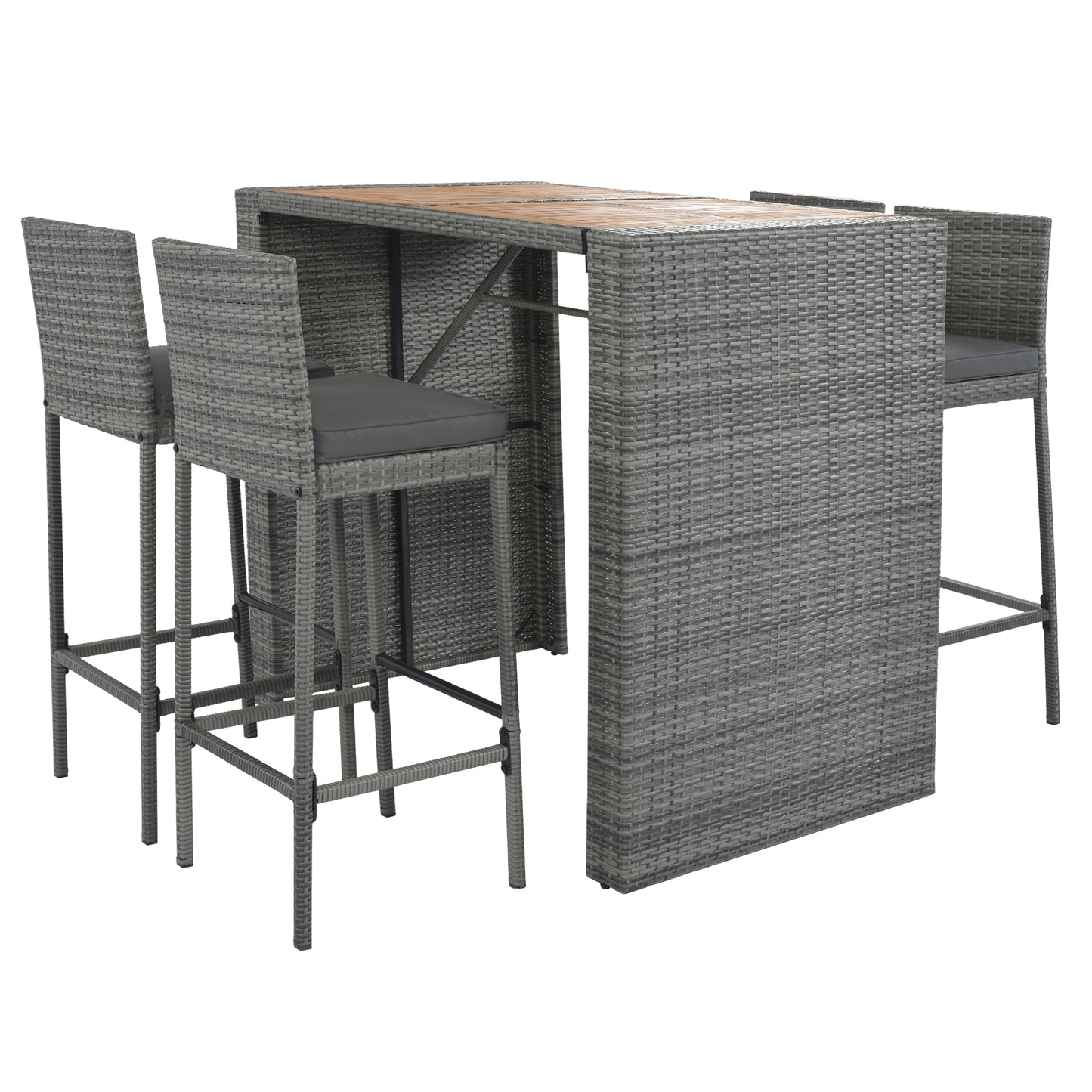 Gray wicker bar set with four stools and wooden tabletop