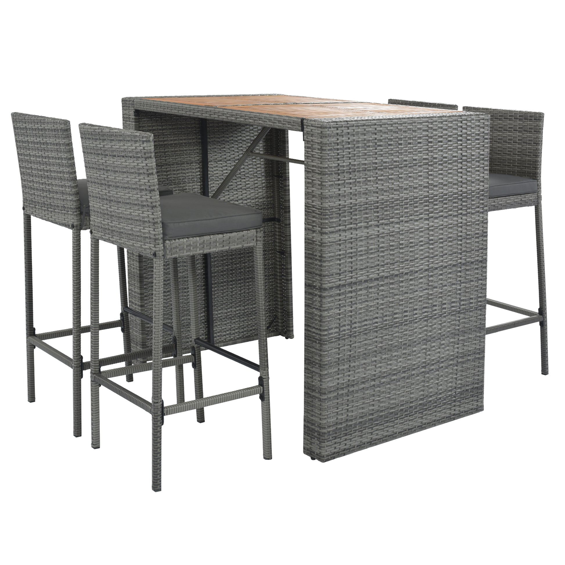 Gray wicker bar set with four stools and wooden tabletop
