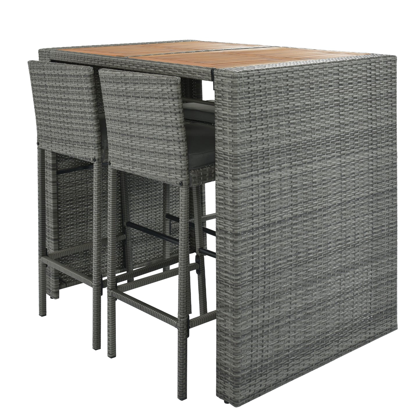 Gray rattan bar set with wooden tabletop and two stools tucked underneath for compact storage