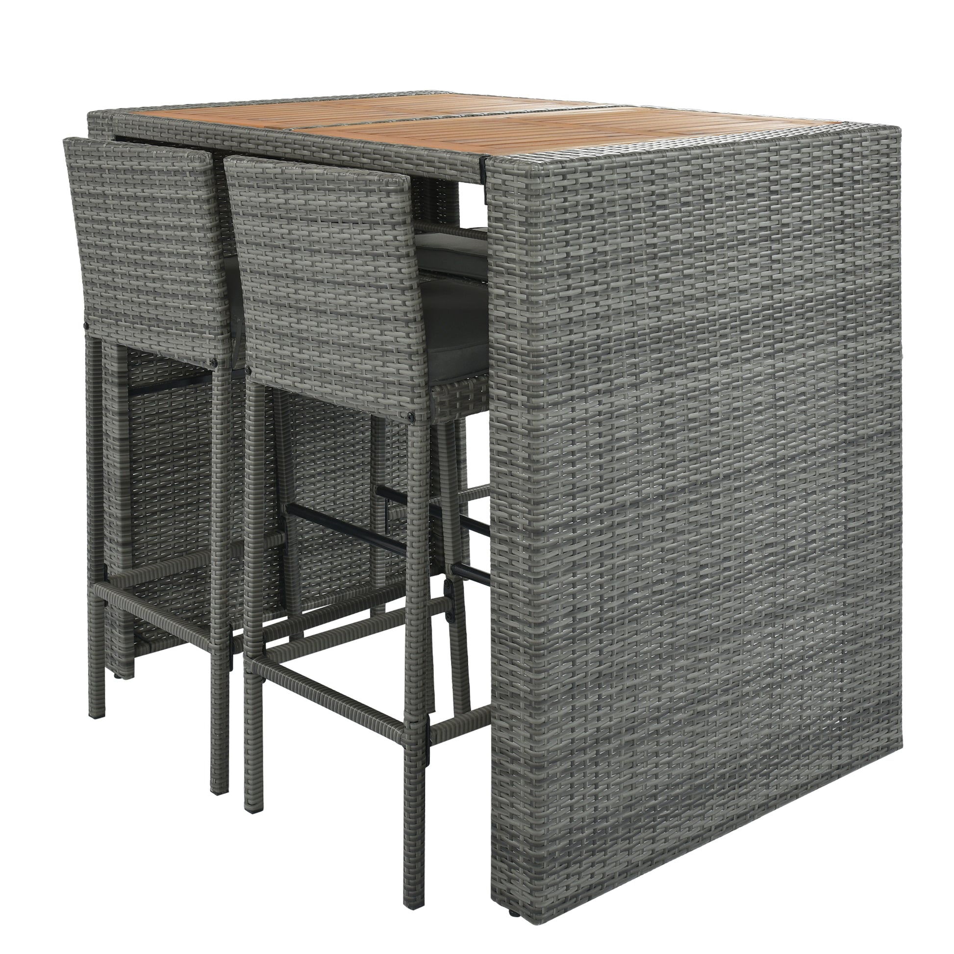 Gray rattan bar set with wooden tabletop and two stools tucked underneath for compact storage