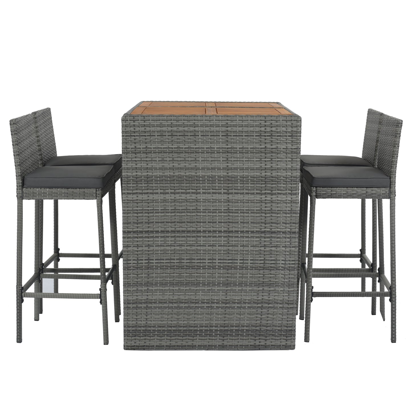 Gray wicker bar table and stools set with woodlook top