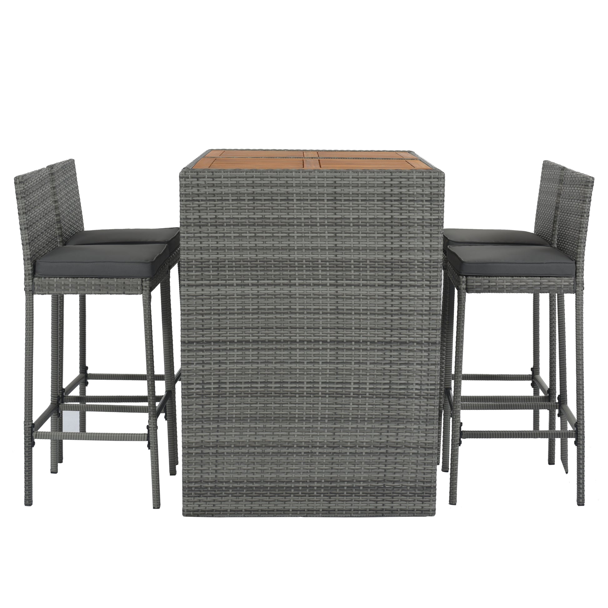Gray wicker bar table and stools set with woodlook top