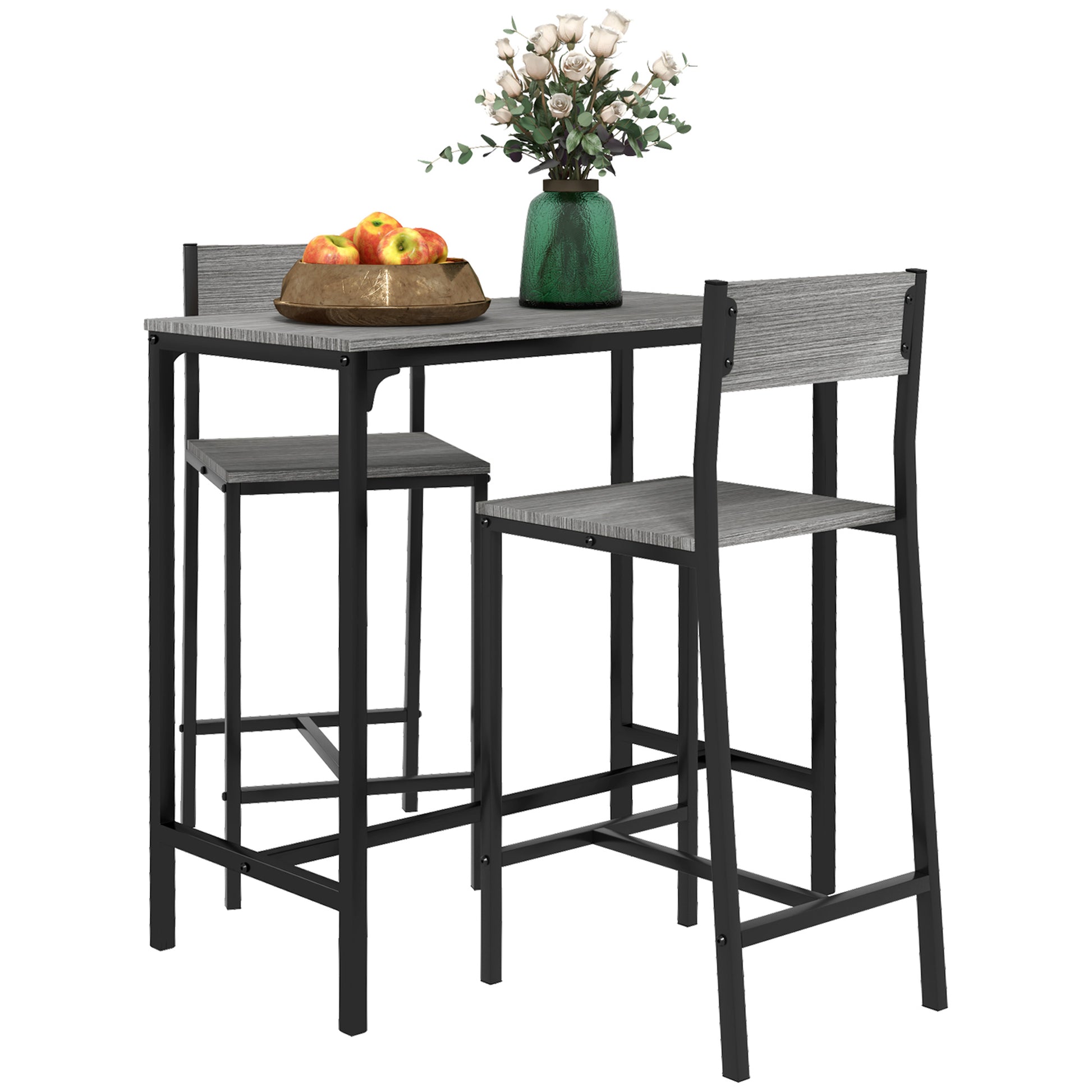 Gray wood grain counter height table with two stools