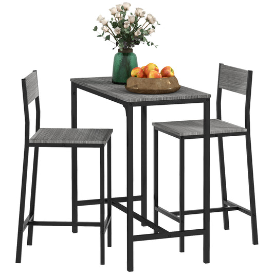 Gray wood top bar table with two counter height stools