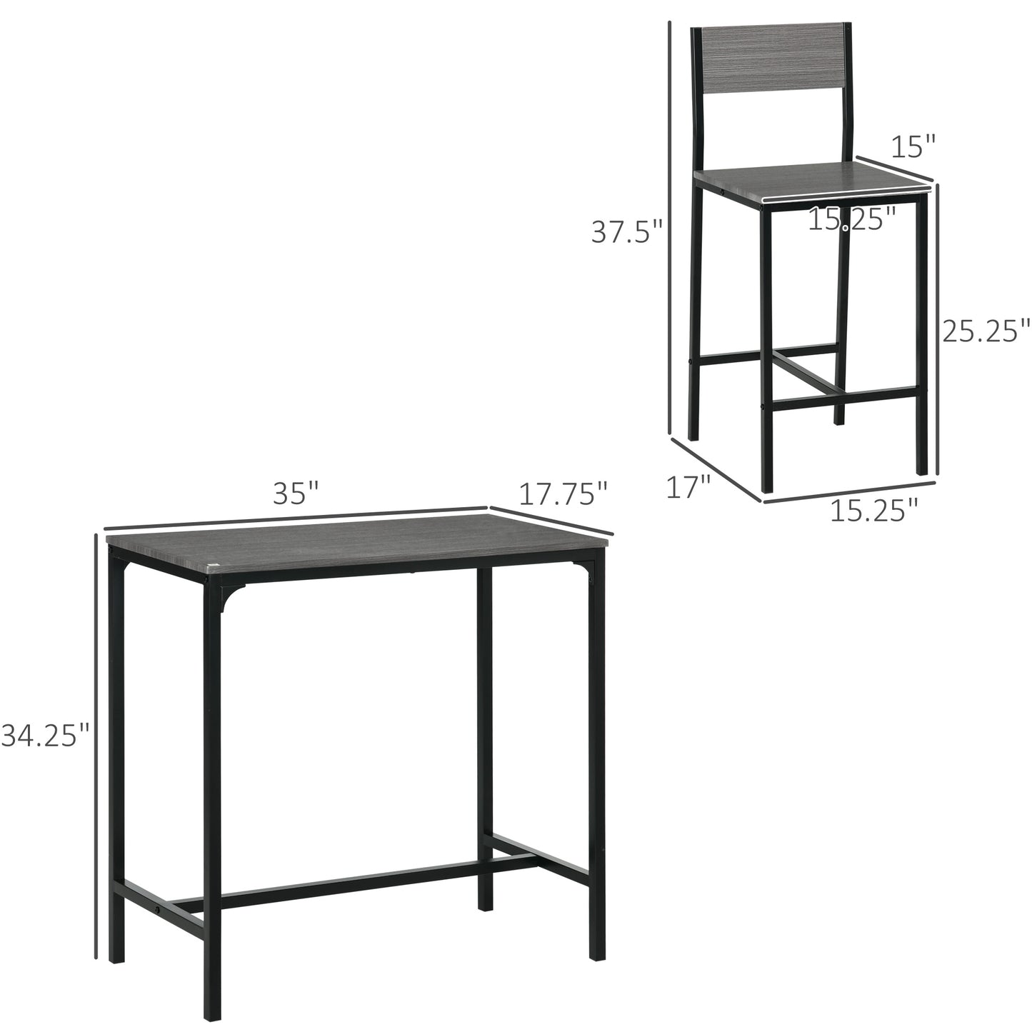 Gray woodgrain top bar table with black metal frame
