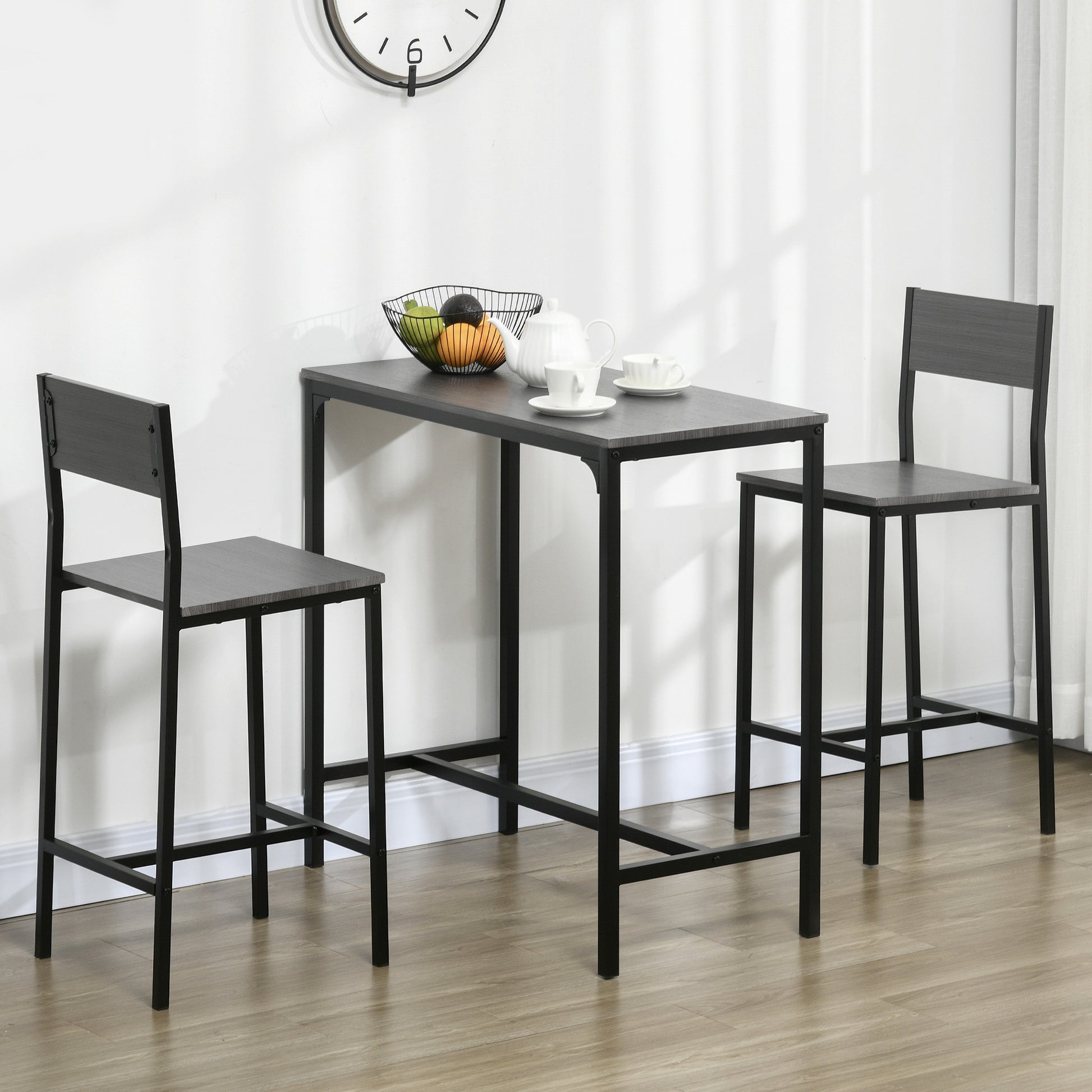 Dark grey wood grain pub table with two matching stools