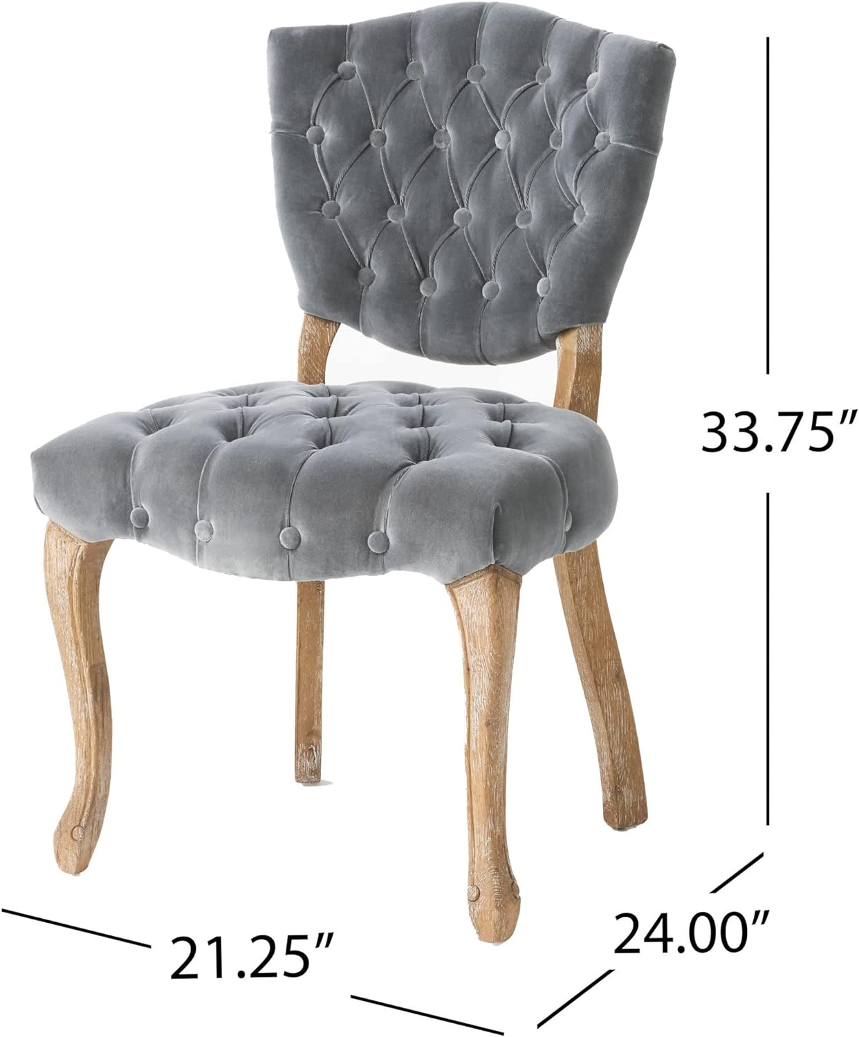 Grey velvet accent chair with diamond tufting and curved wooden legs