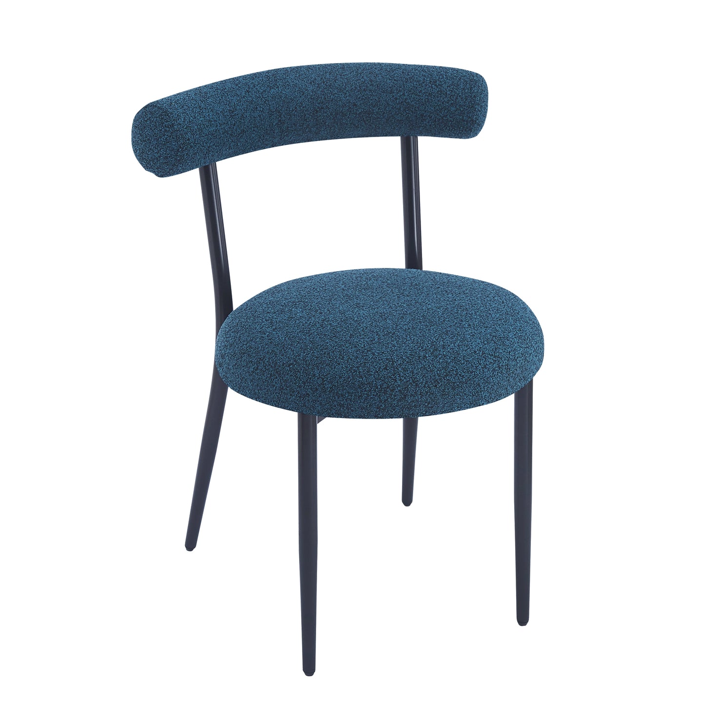 Blue textured fabric accent chair with curved back and dark tapered legs