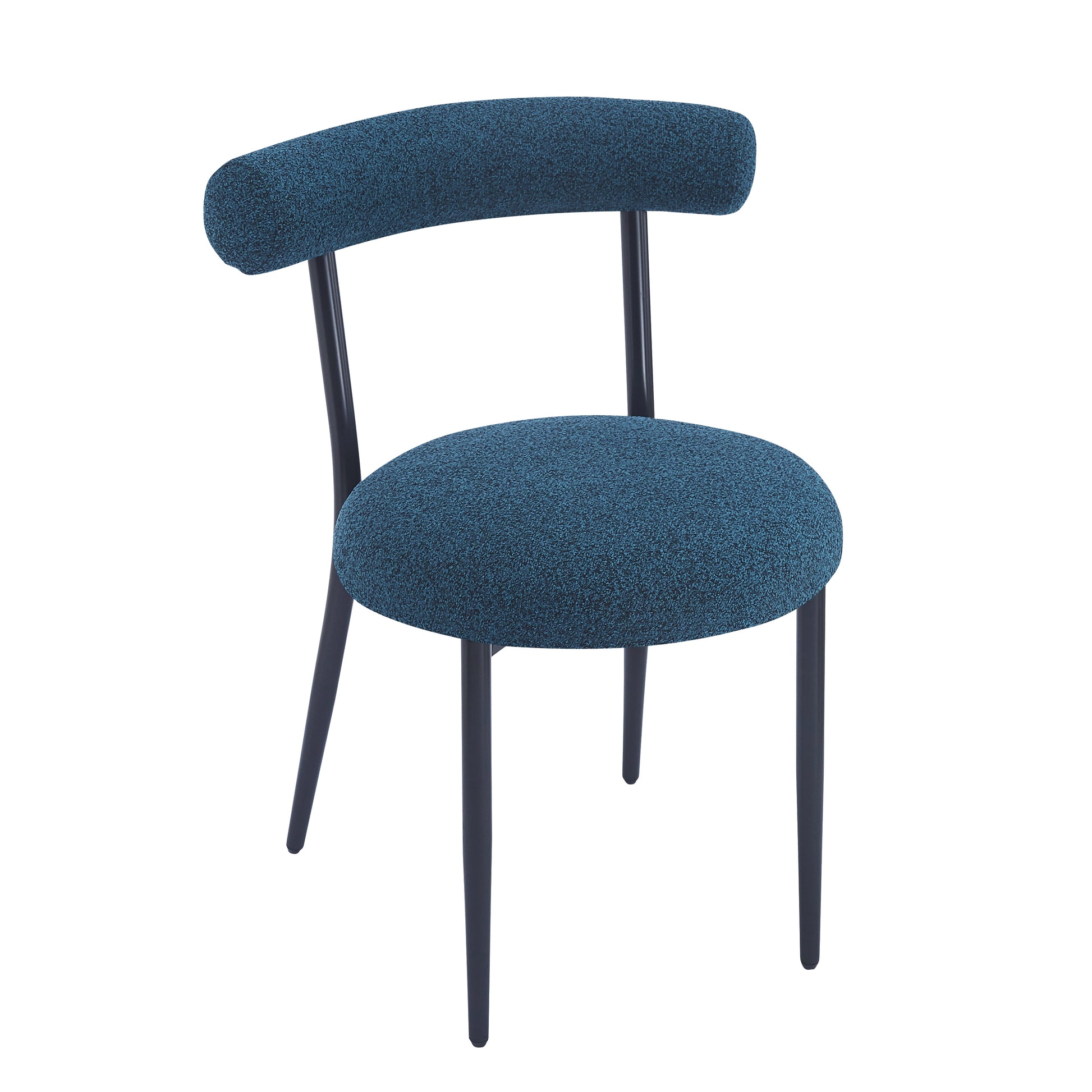 Blue textured fabric accent chair with curved back and dark tapered legs