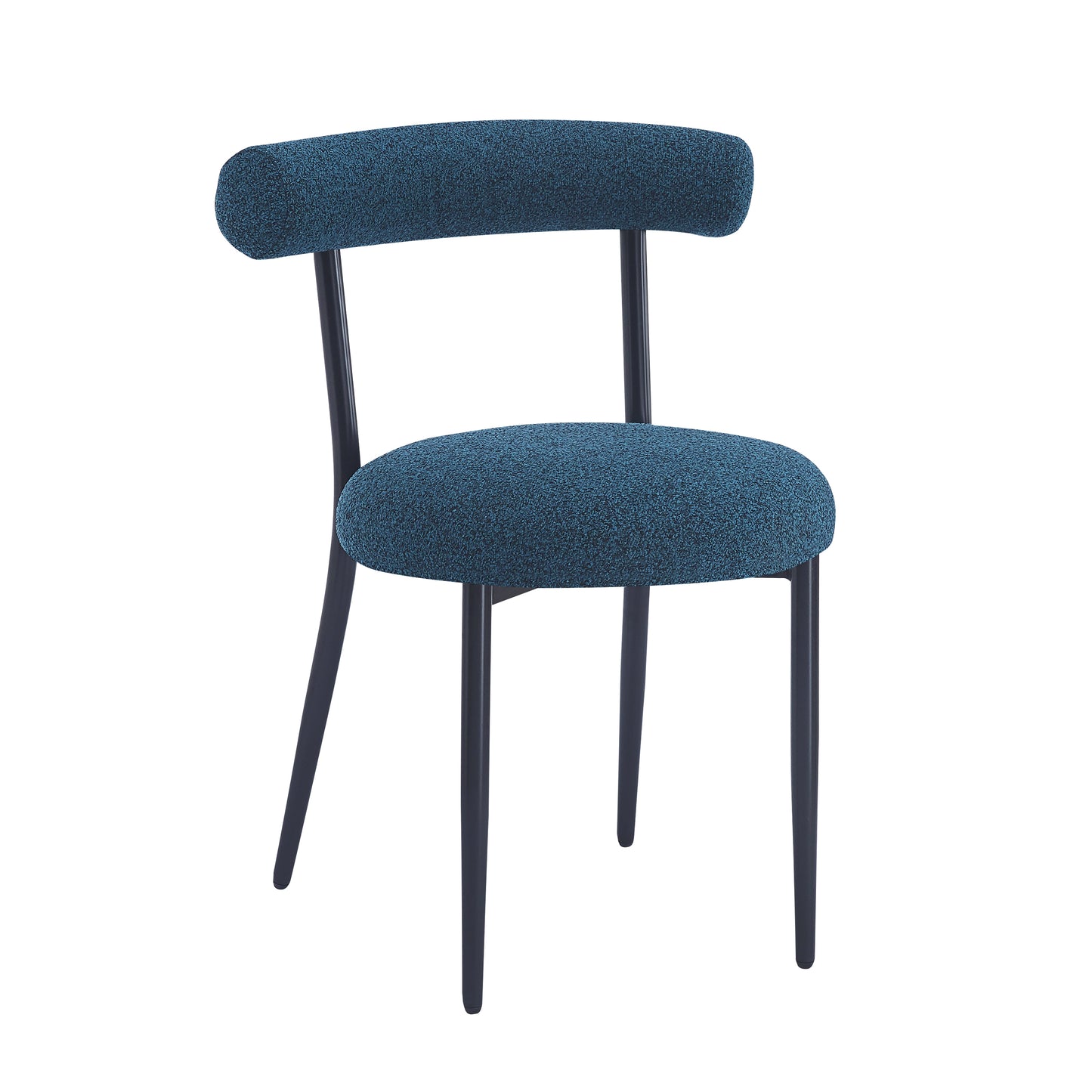 Teal upholstered dining chair with slender black metal legs
