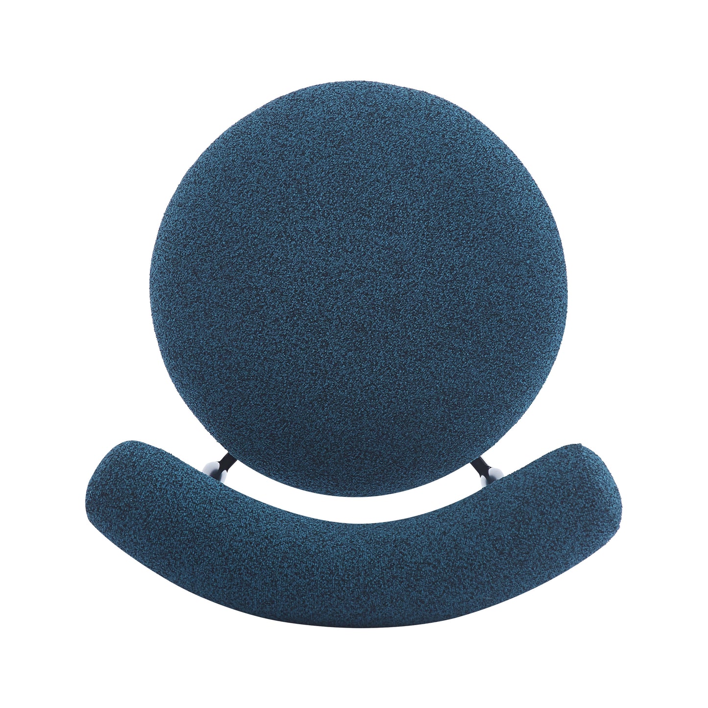 Top view of a blue boucle fabric armchair with a curved seat and backrest
