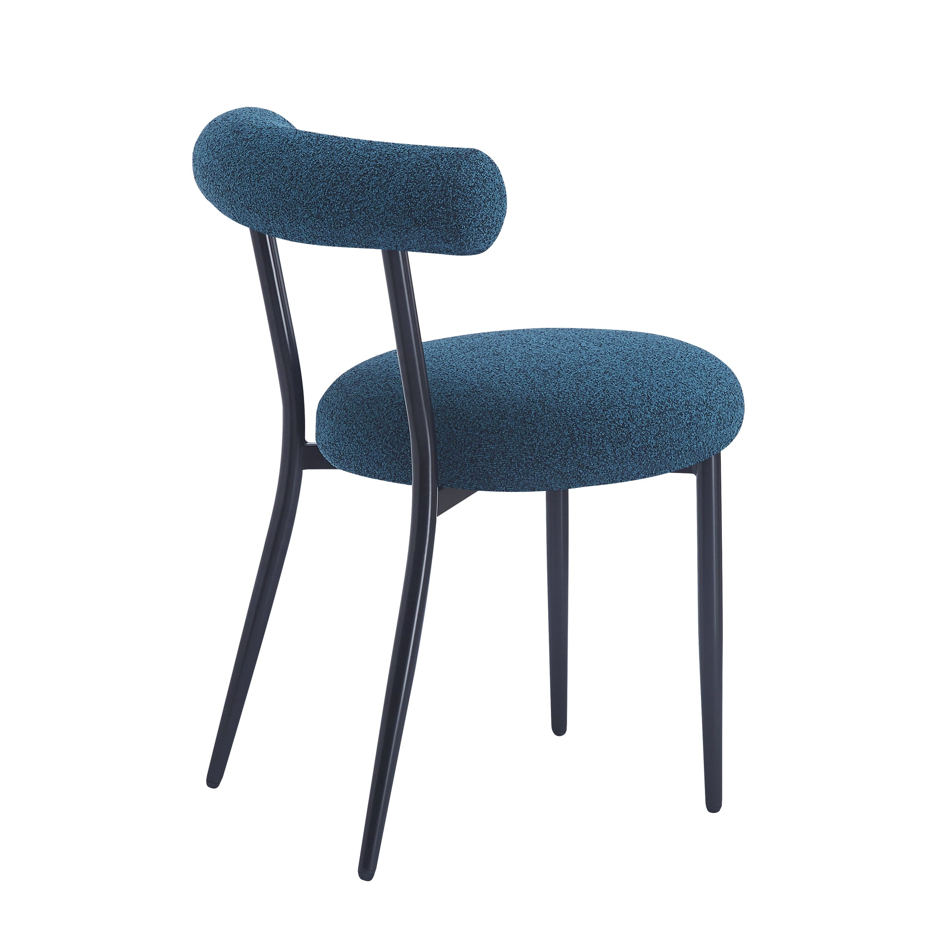 Textured blue fabric accent chair with black metal legs perfect for modern dining rooms
