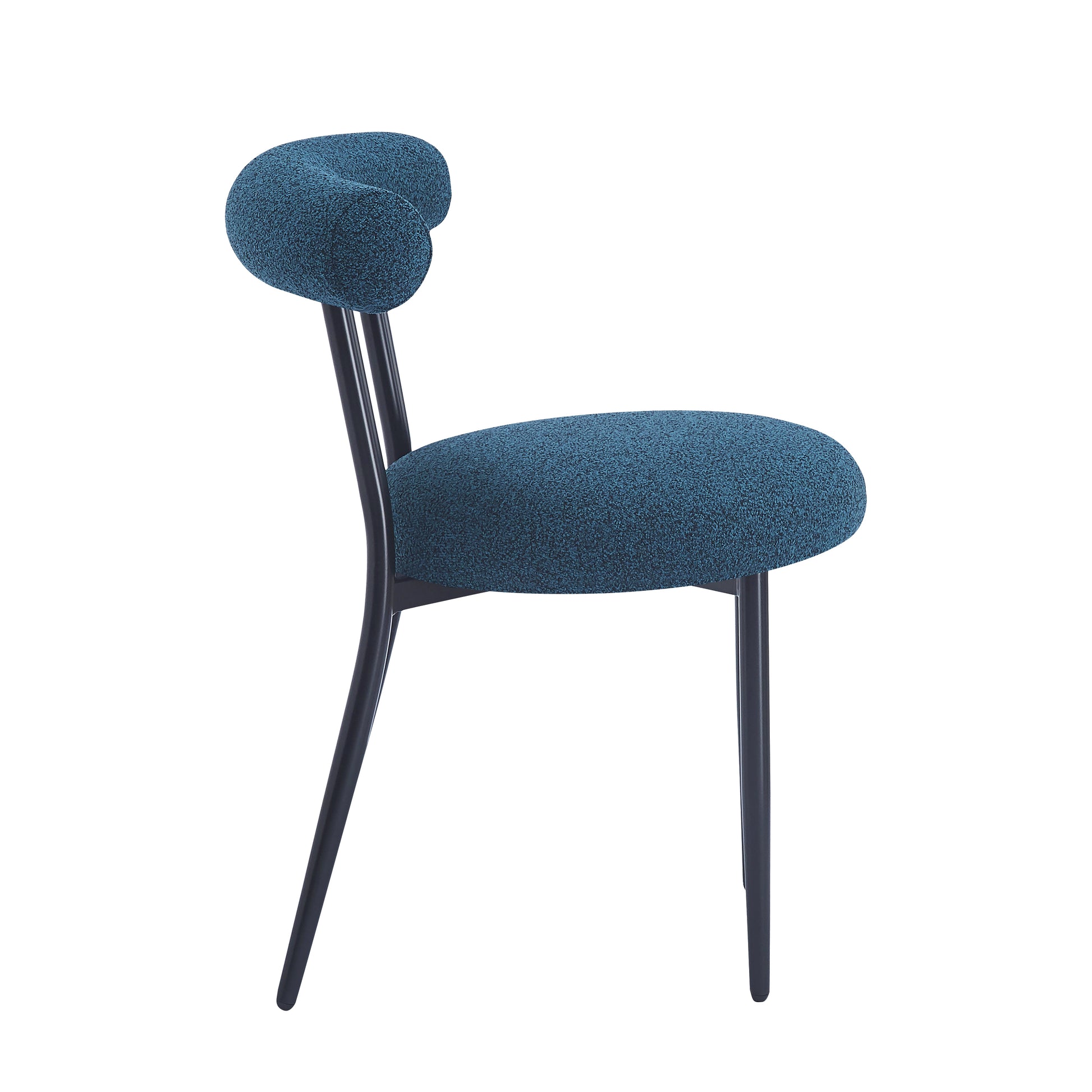 Modern blue upholstered dining chair with sleek black legs for contemporary homes