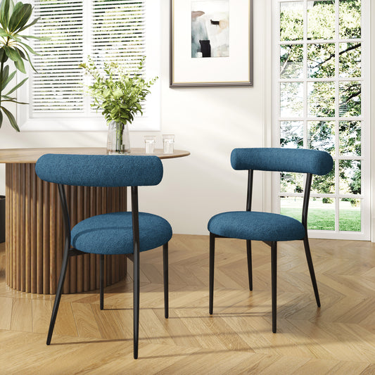 Modern blue upholstered dining chair with black metal legs