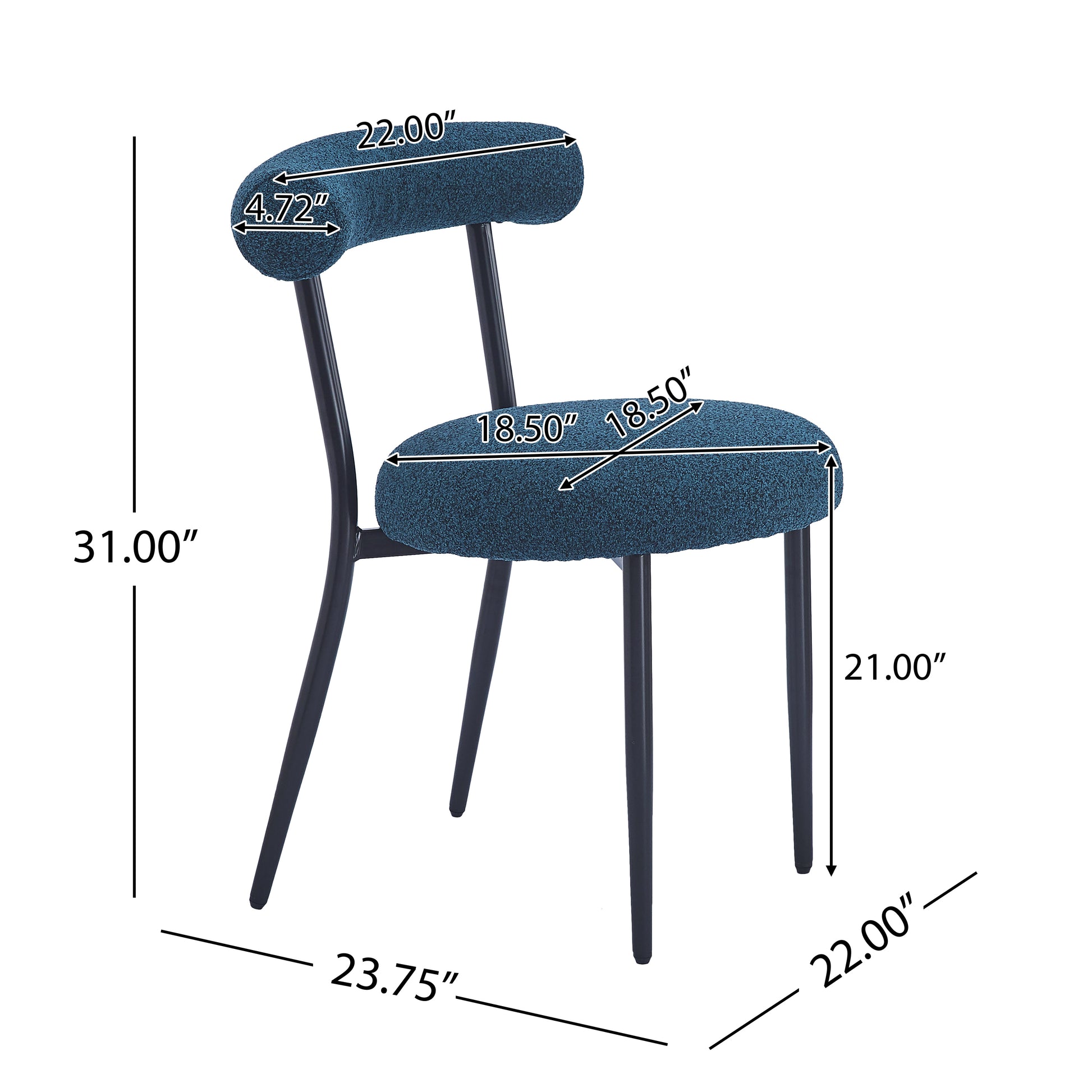 Textured blue fabric accent chair with black metal legs and rounded backrest