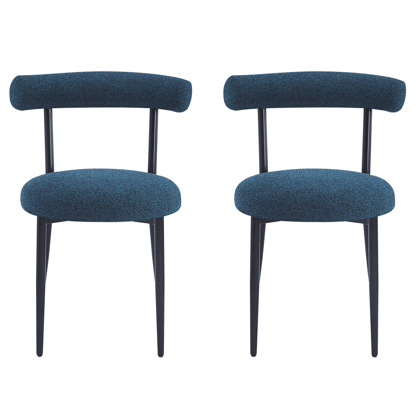 Two navy blue boucle upholstered chairs with dark tapered legs ideal for dining rooms