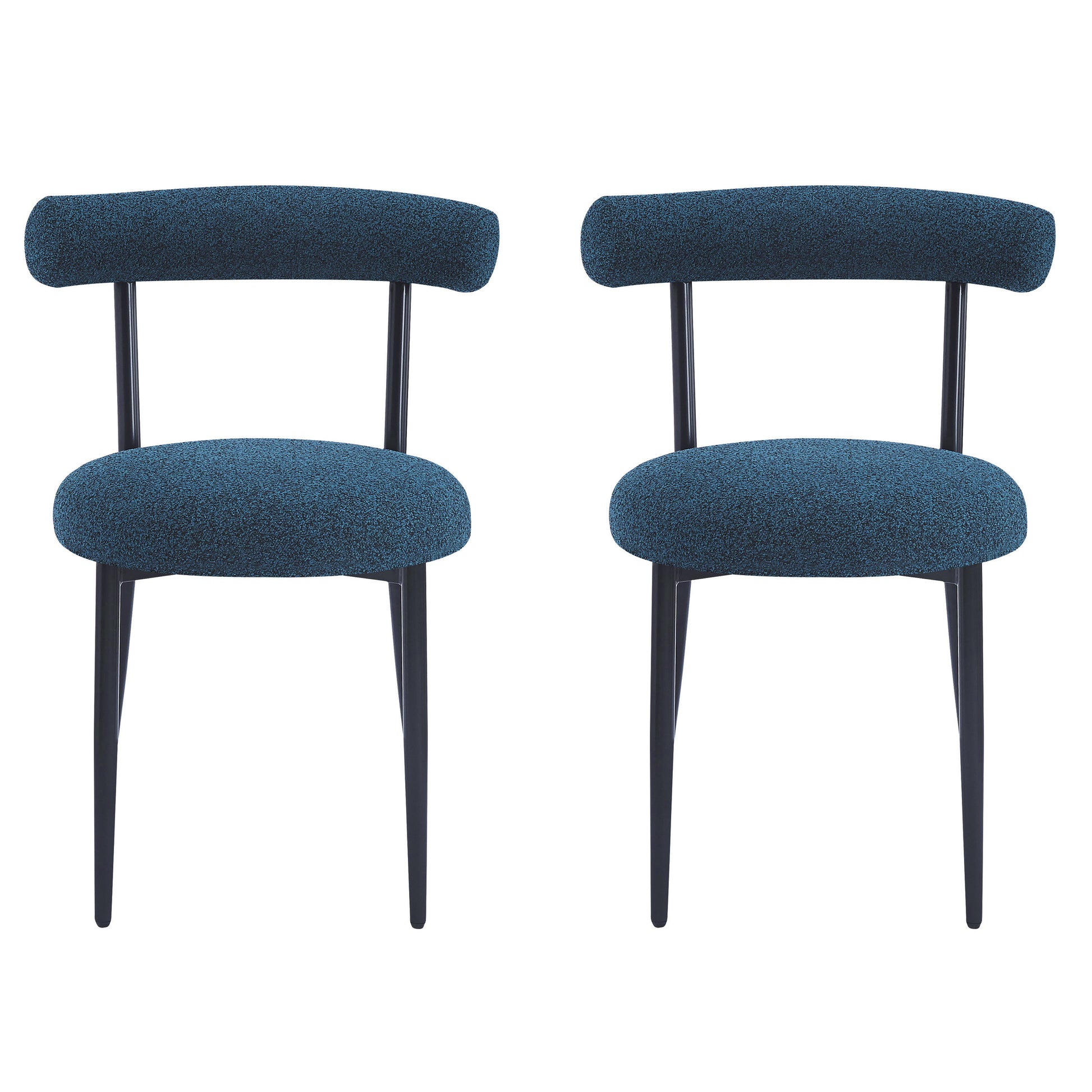 Two navy blue boucle upholstered chairs with dark tapered legs ideal for dining rooms