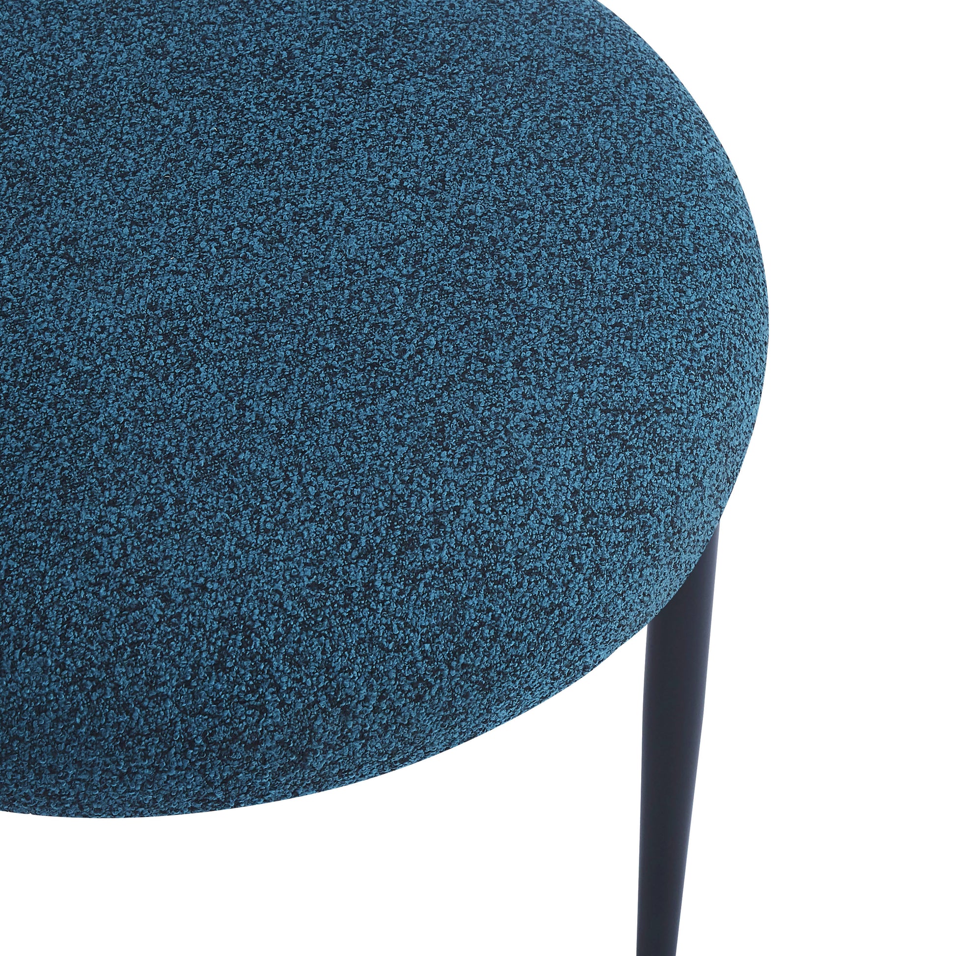 Round textured teal upholstered stool with black metal leg modern accent piece