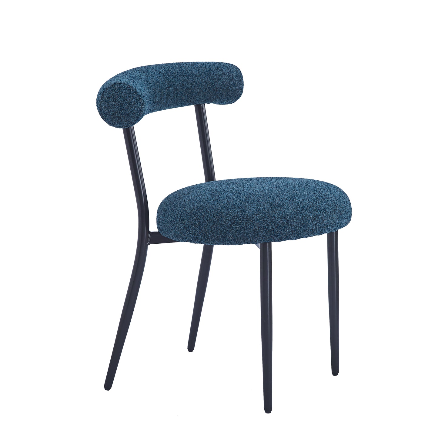 Teal textured fabric dining chair with curved back and dark metal legs