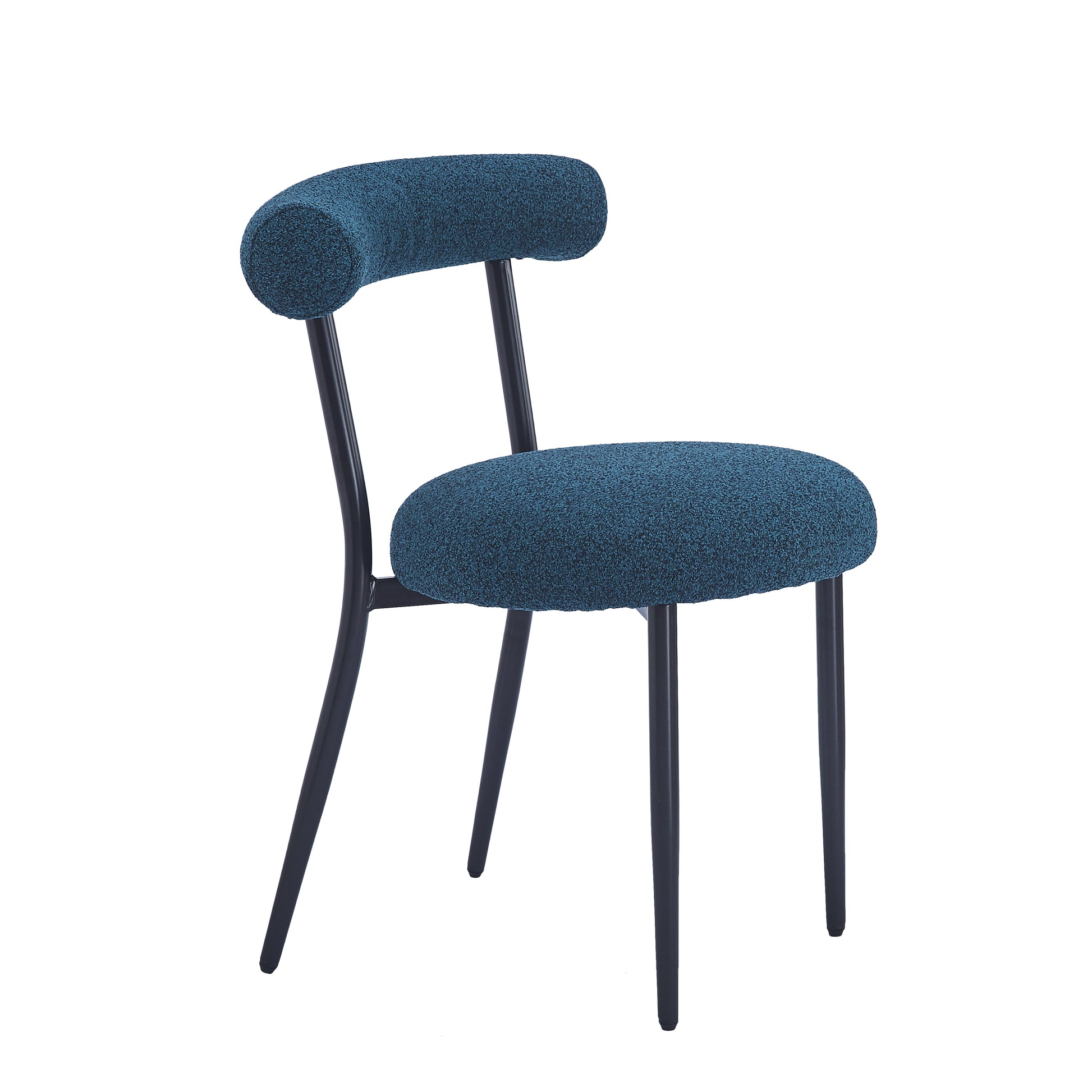 Teal textured fabric dining chair with curved back and dark metal legs