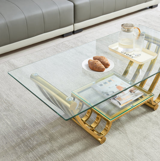 Modern glass coffee table with gold frame and contemporary design elements