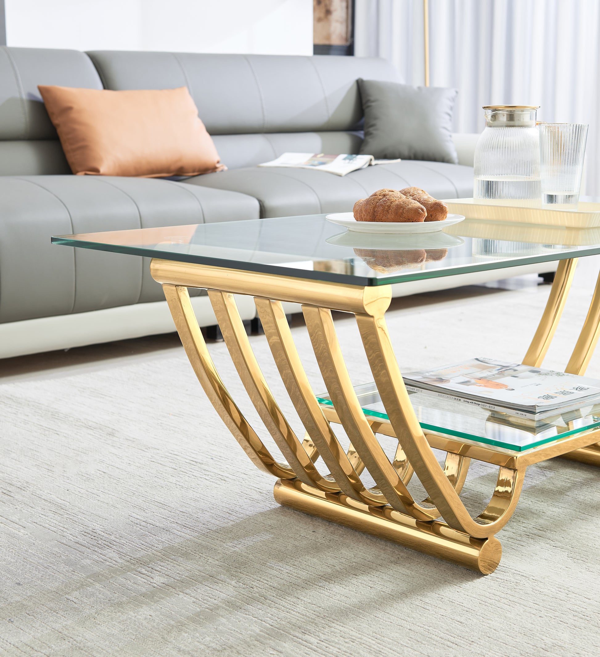 Modern gold metal coffee table with glass top and magazine shelf elegant living room furniture