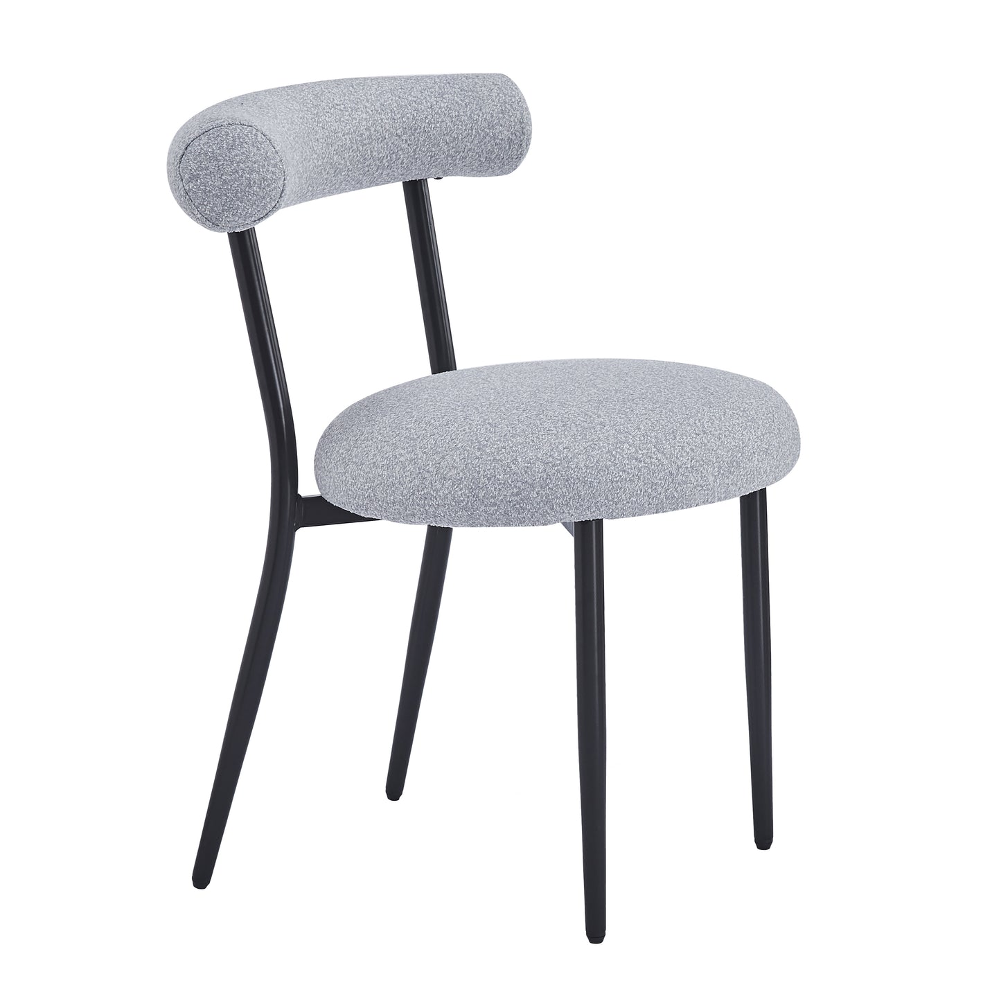 Modern grey boucle dining chair with curved back and black metal legs