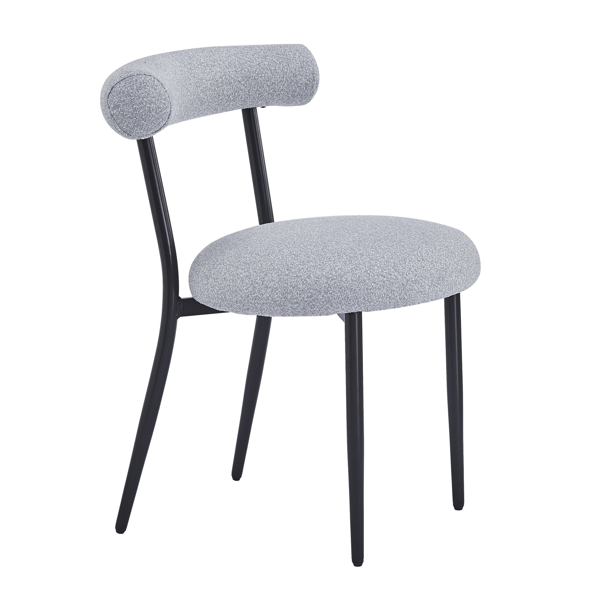 Modern grey boucle dining chair with curved back and black metal legs