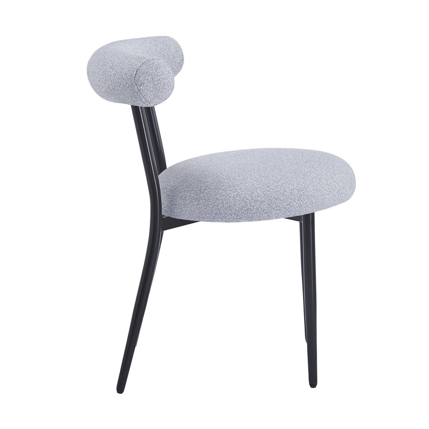 Light gray upholstered chair with curved back and black metal legs