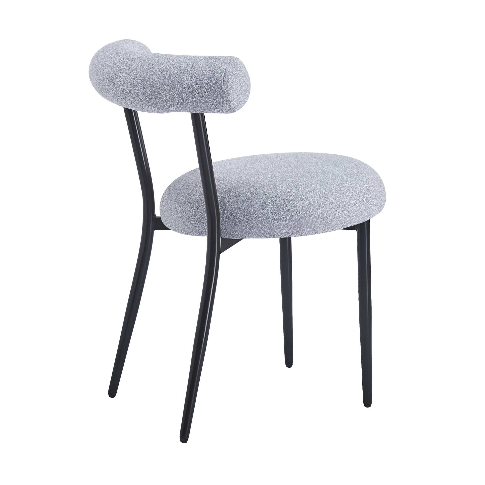 Modern grey boucle dining chair with curved back and black metal legs