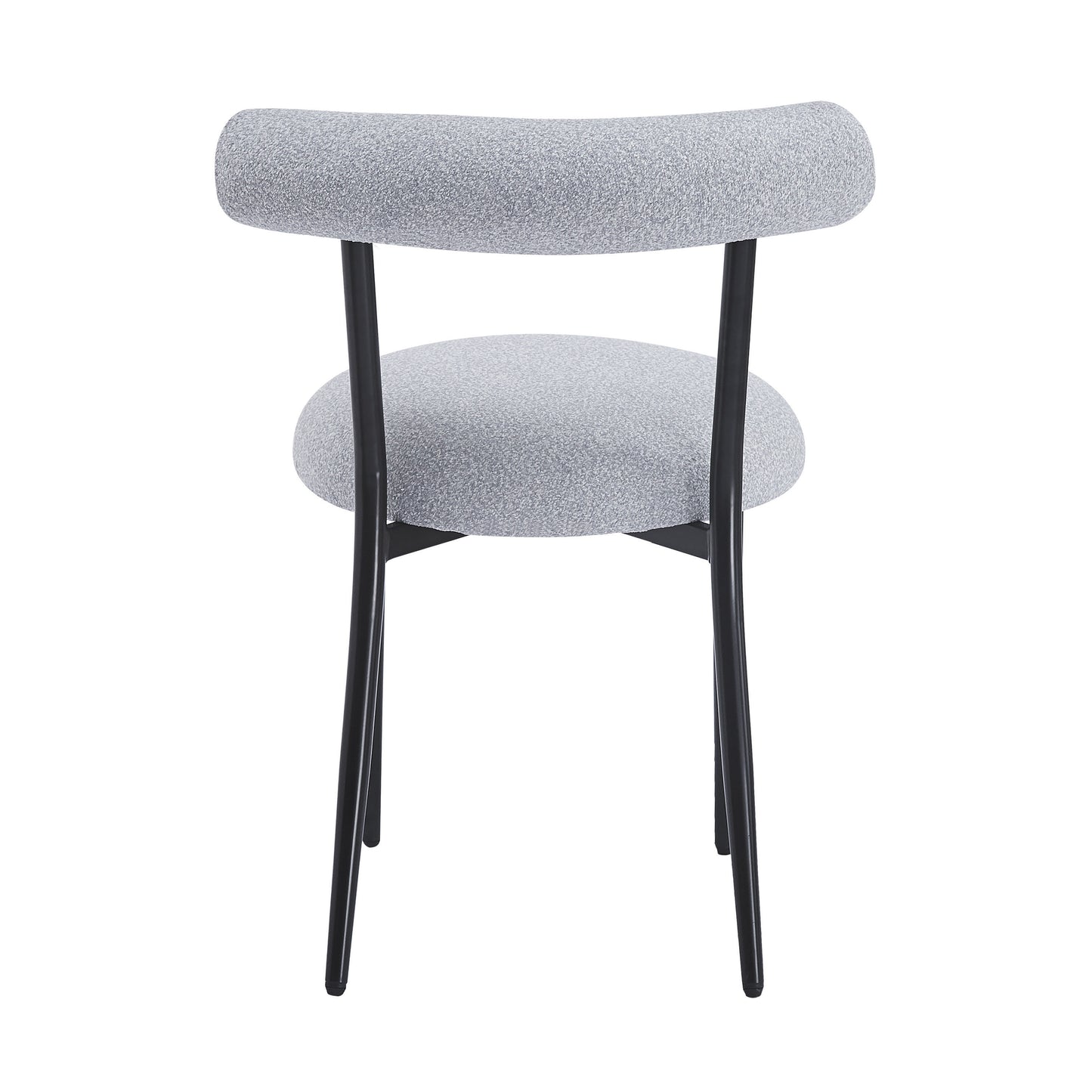 Grey upholstered dining chair with curved back and black metal legs