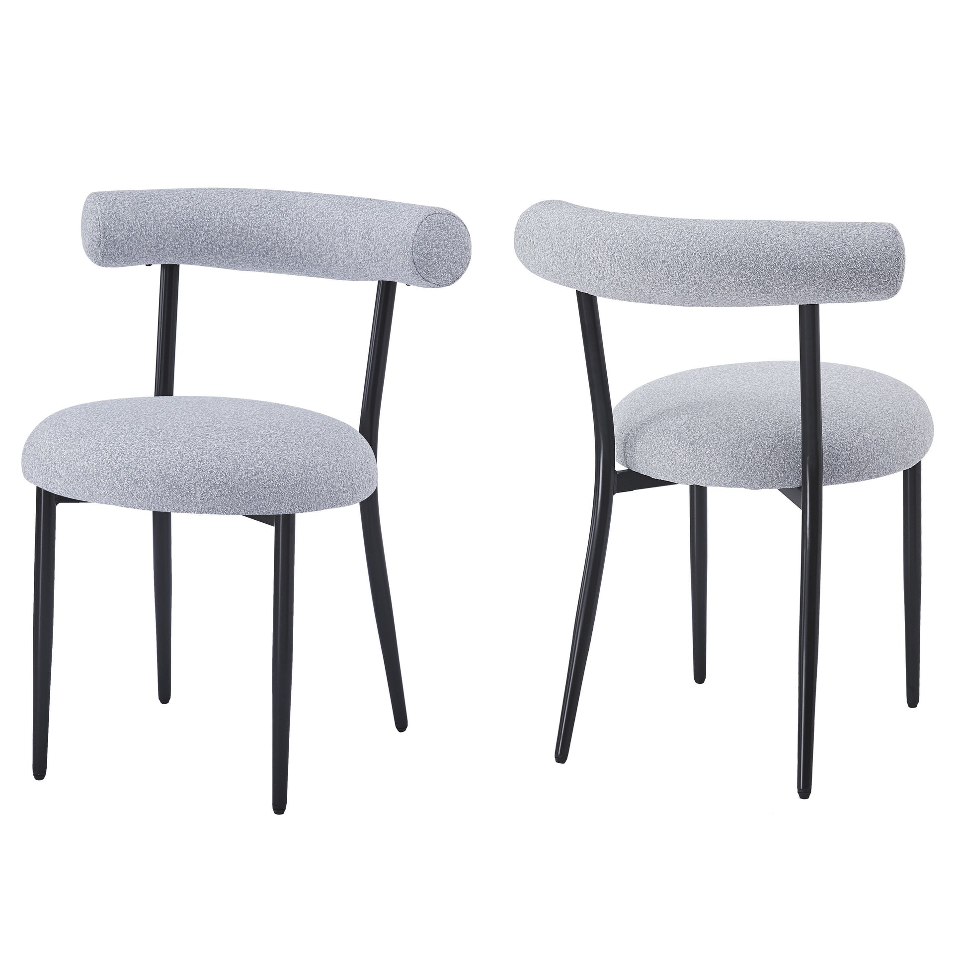 Two modern dining chairs with light grey textured fabric and black metal legs