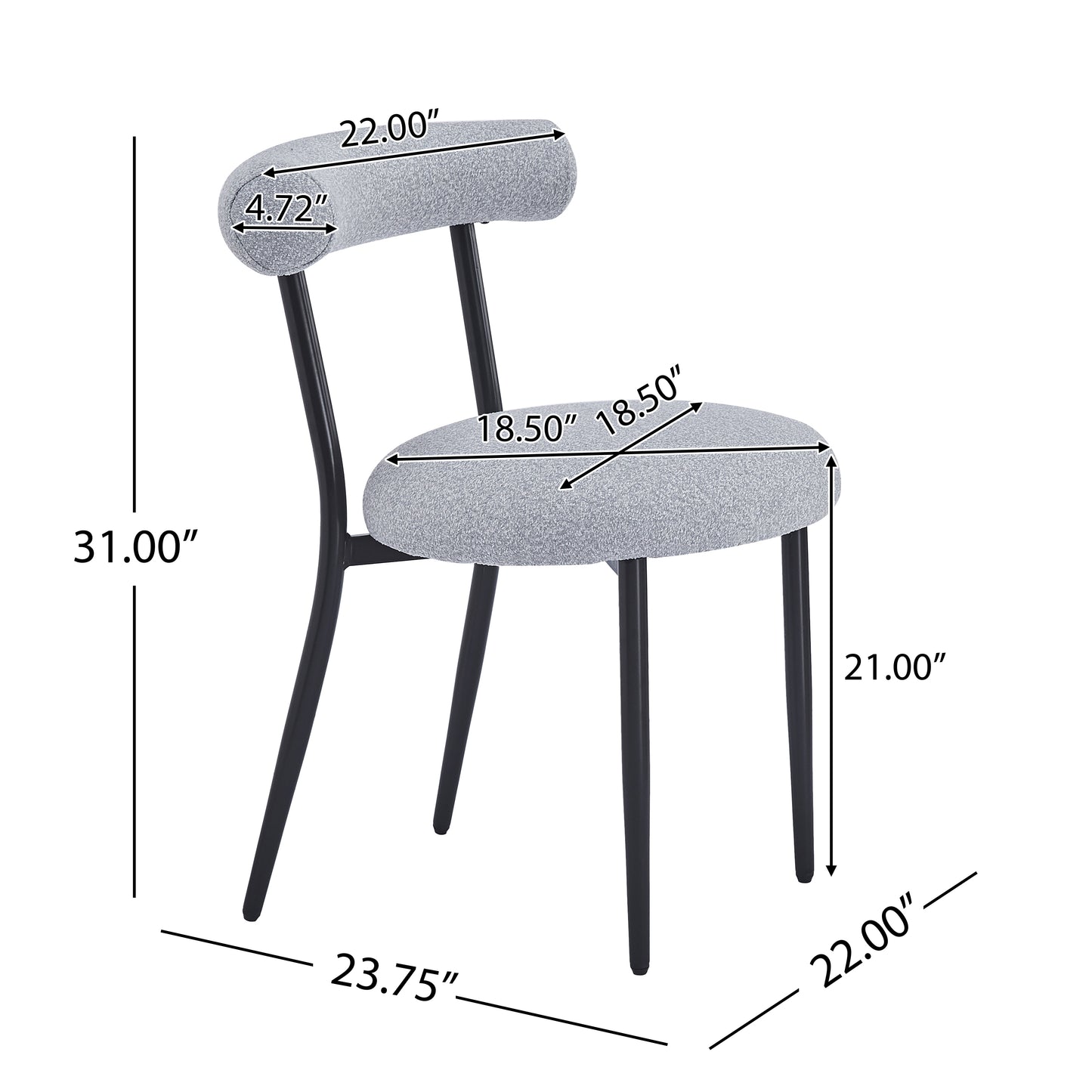 Gray fabric accent chair with black metal legs and curved back