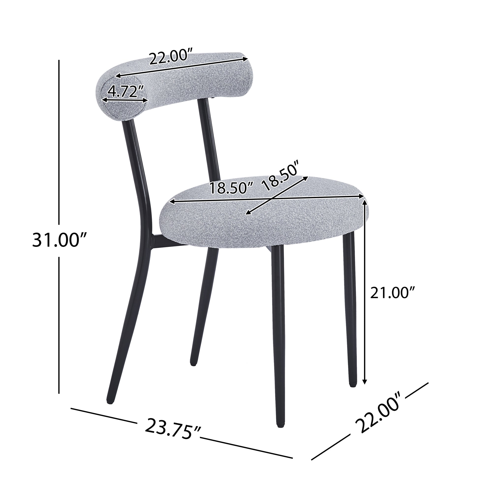 Gray fabric accent chair with black metal legs and curved back