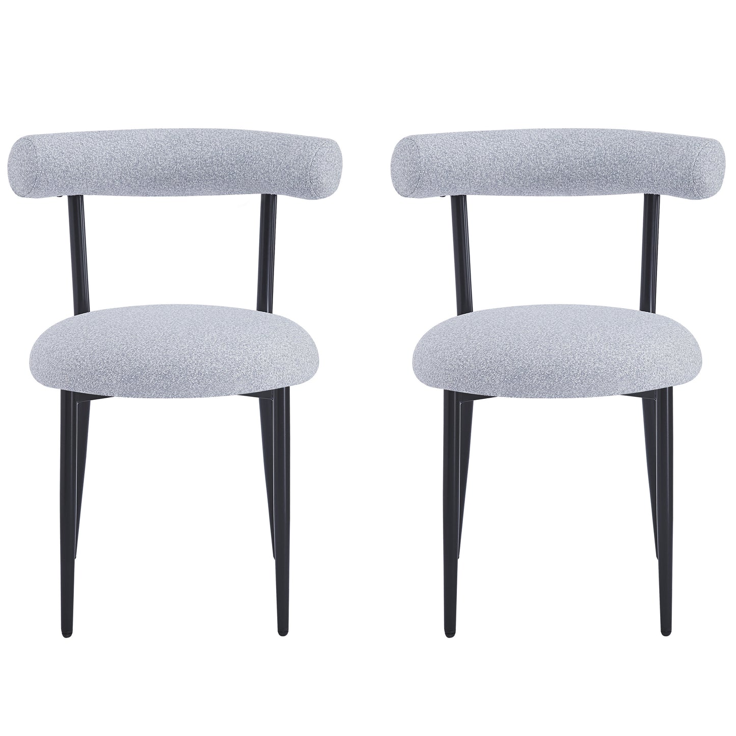 Two modern grey fabric dining chairs with black metal legs