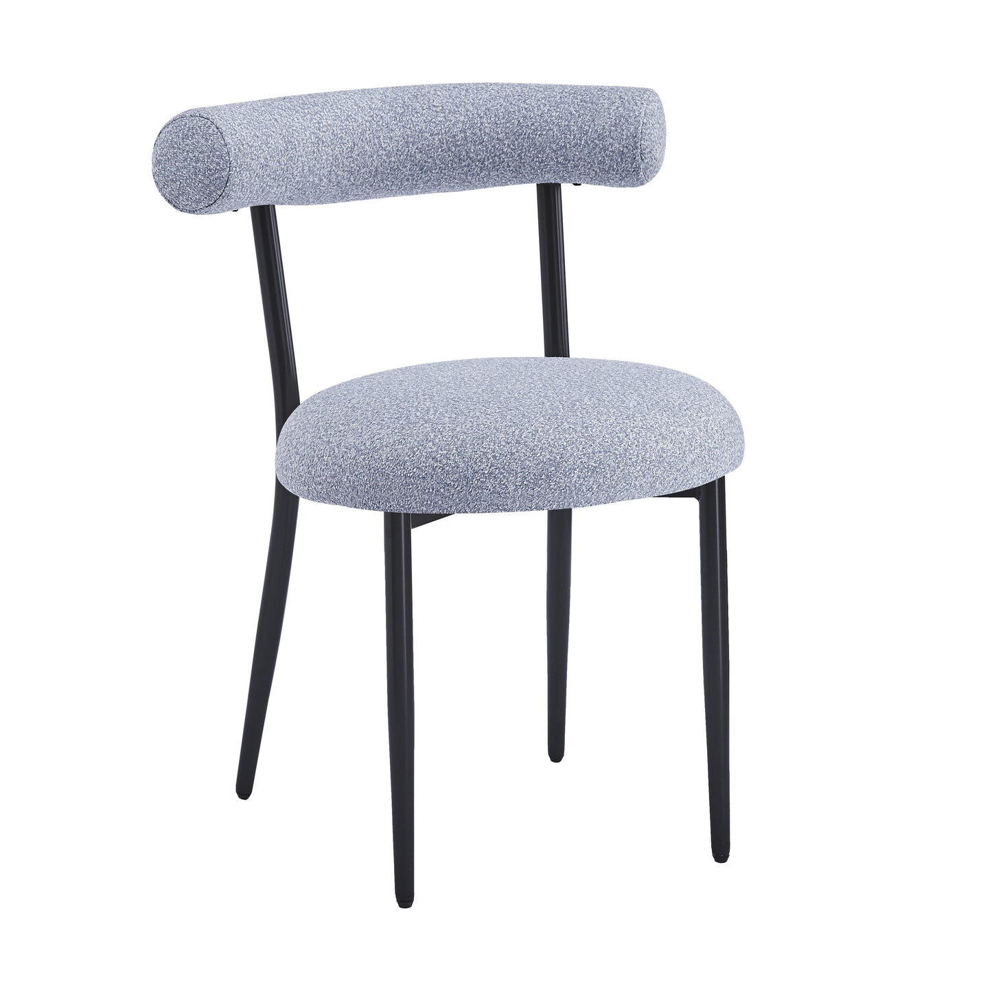 Light blue upholstered dining chair with curved backrest and black metal legs