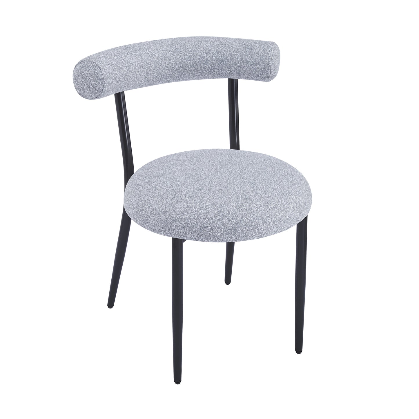 Light grey textured fabric dining chair with black legs and curved backrest