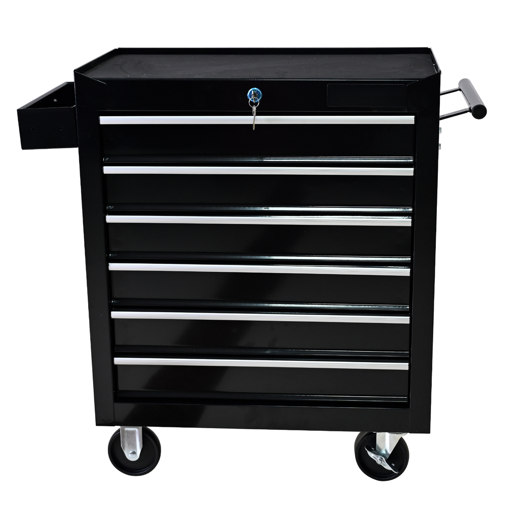 Black drawer rolling tool chest with silver drawer pulls and a key lock