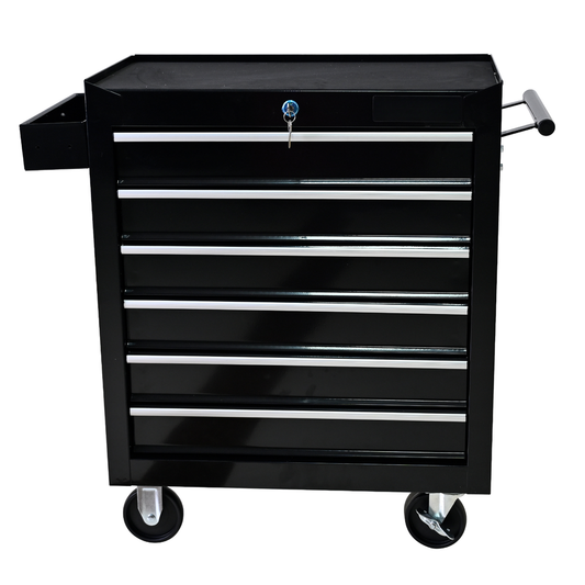 Black drawer rolling tool chest with silver drawer pulls and a key lock