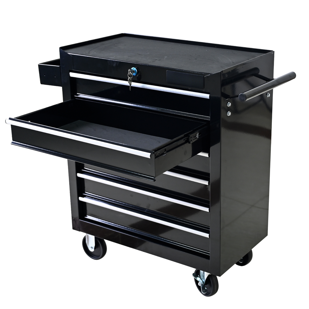 Black rolling tool chest with one open drawer perfect for garage organization