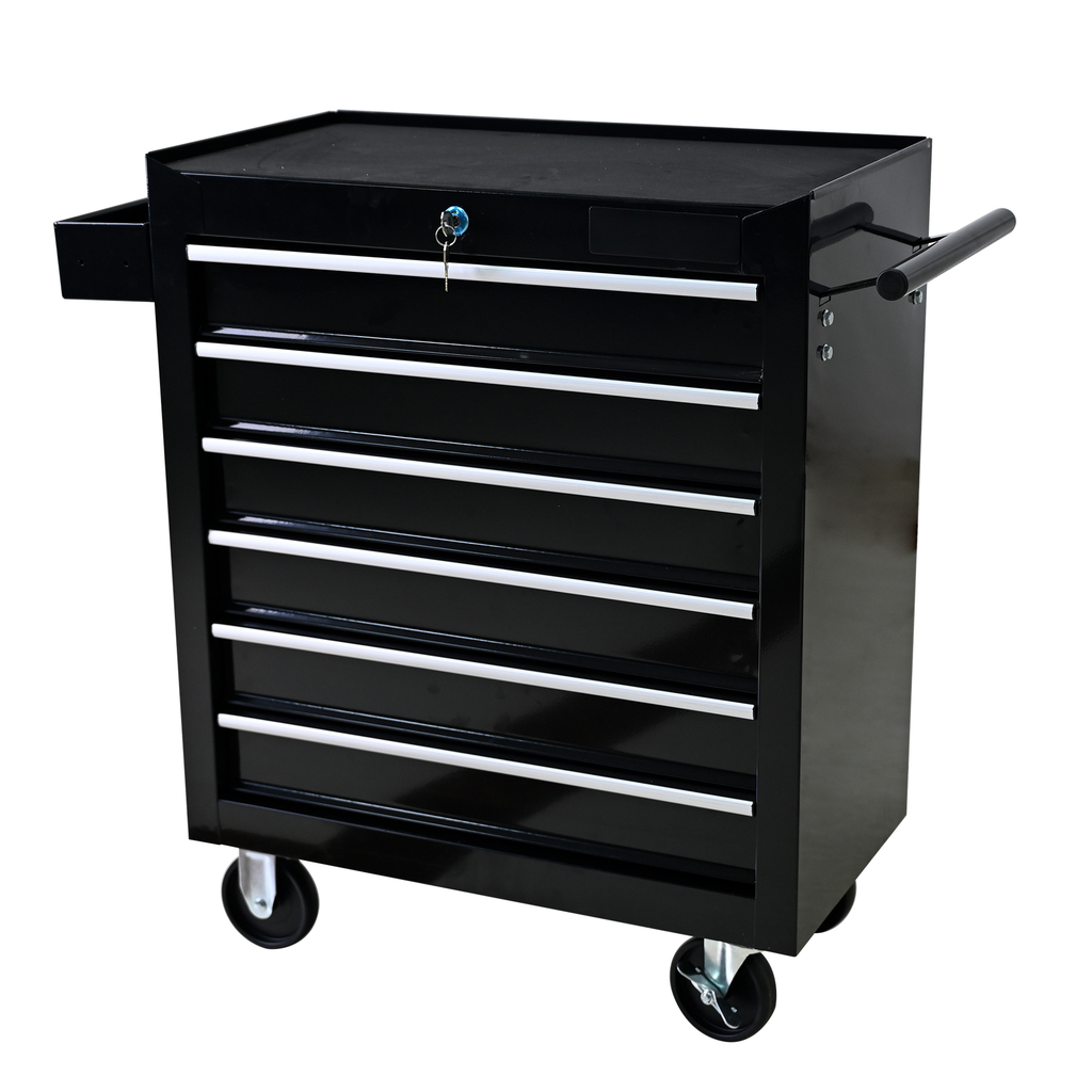 Black drawer rolling tool chest with key lock and chrome handles