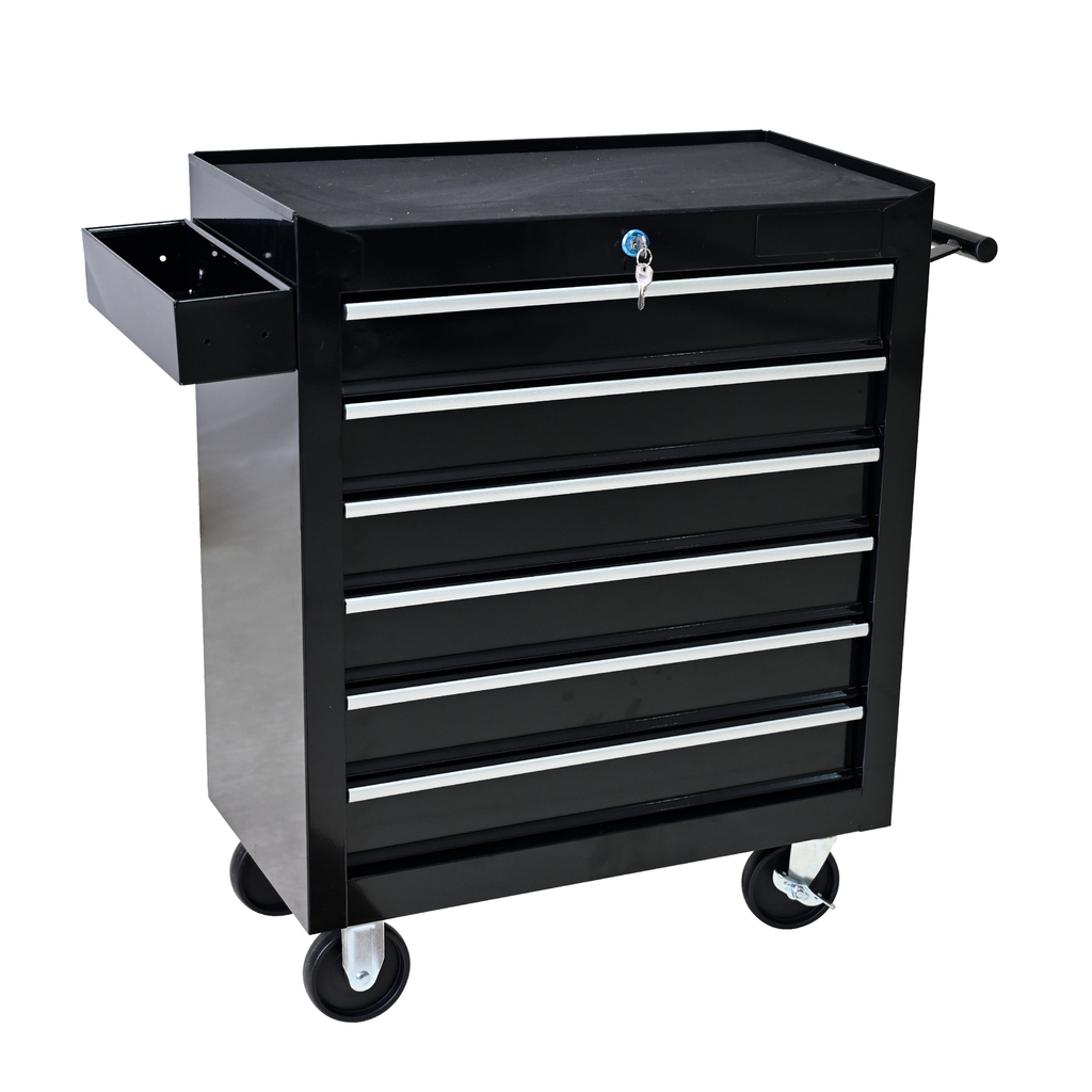 Black metal tool chest with  drawers and caster wheels