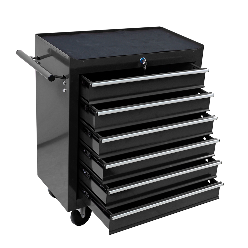 Black metal rolling tool chest with  drawers and locking top