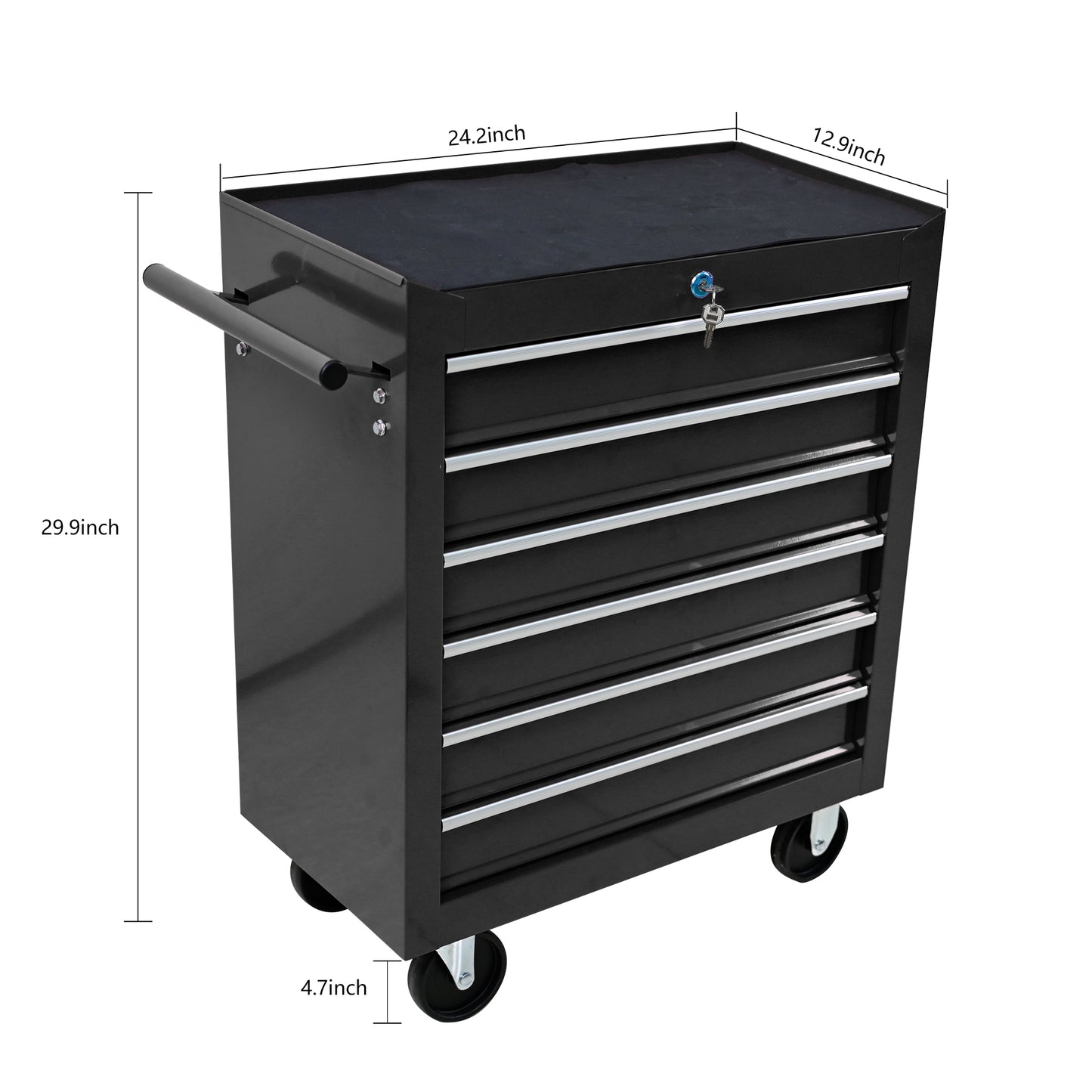 Black drawer rolling tool chest with keyed lock and side handle