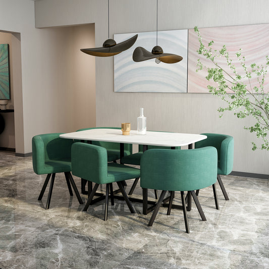 Modern white dining table with teal upholstered chairs