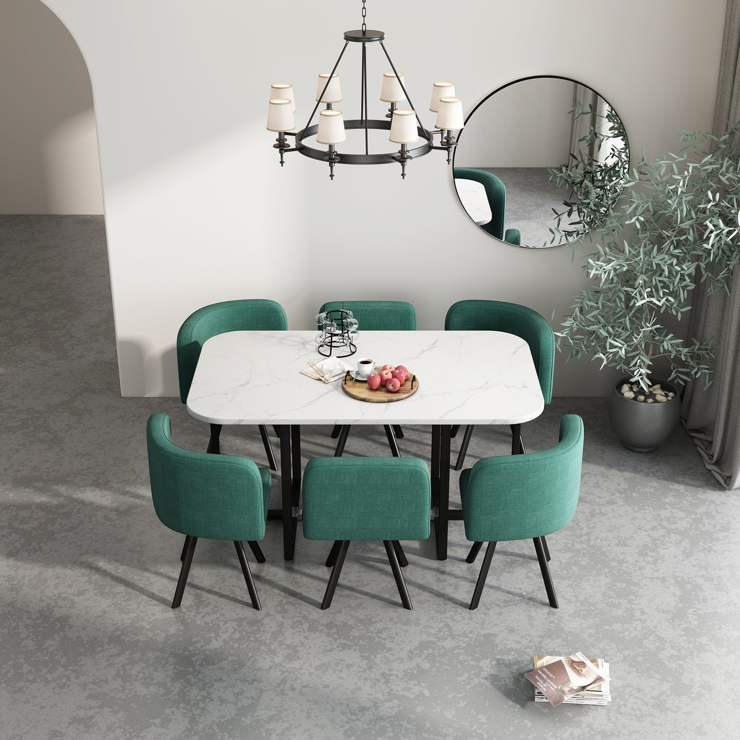 Elegant dining table with white marble top and teal upholstered chairs