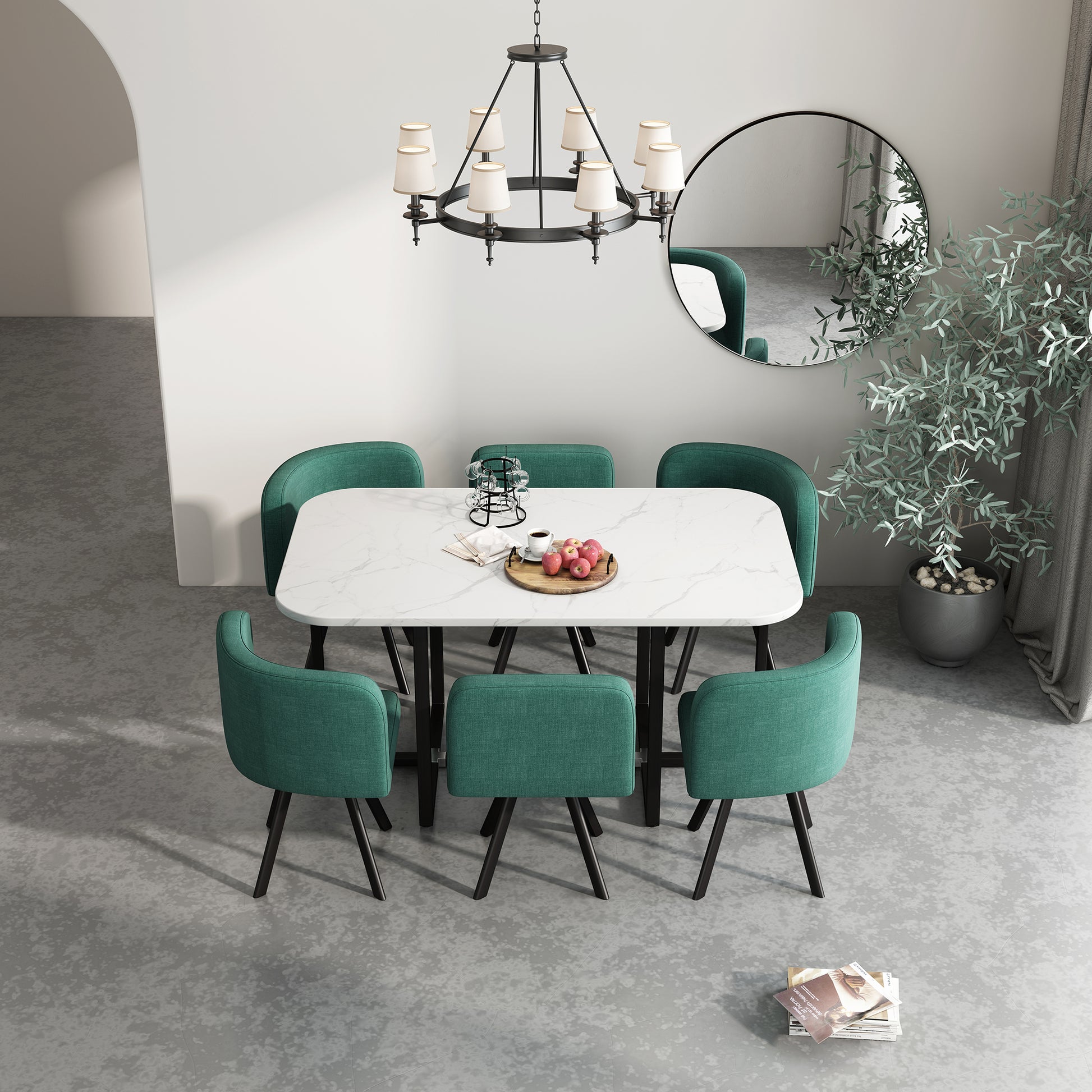 Elegant dining table with white marble top and teal upholstered chairs