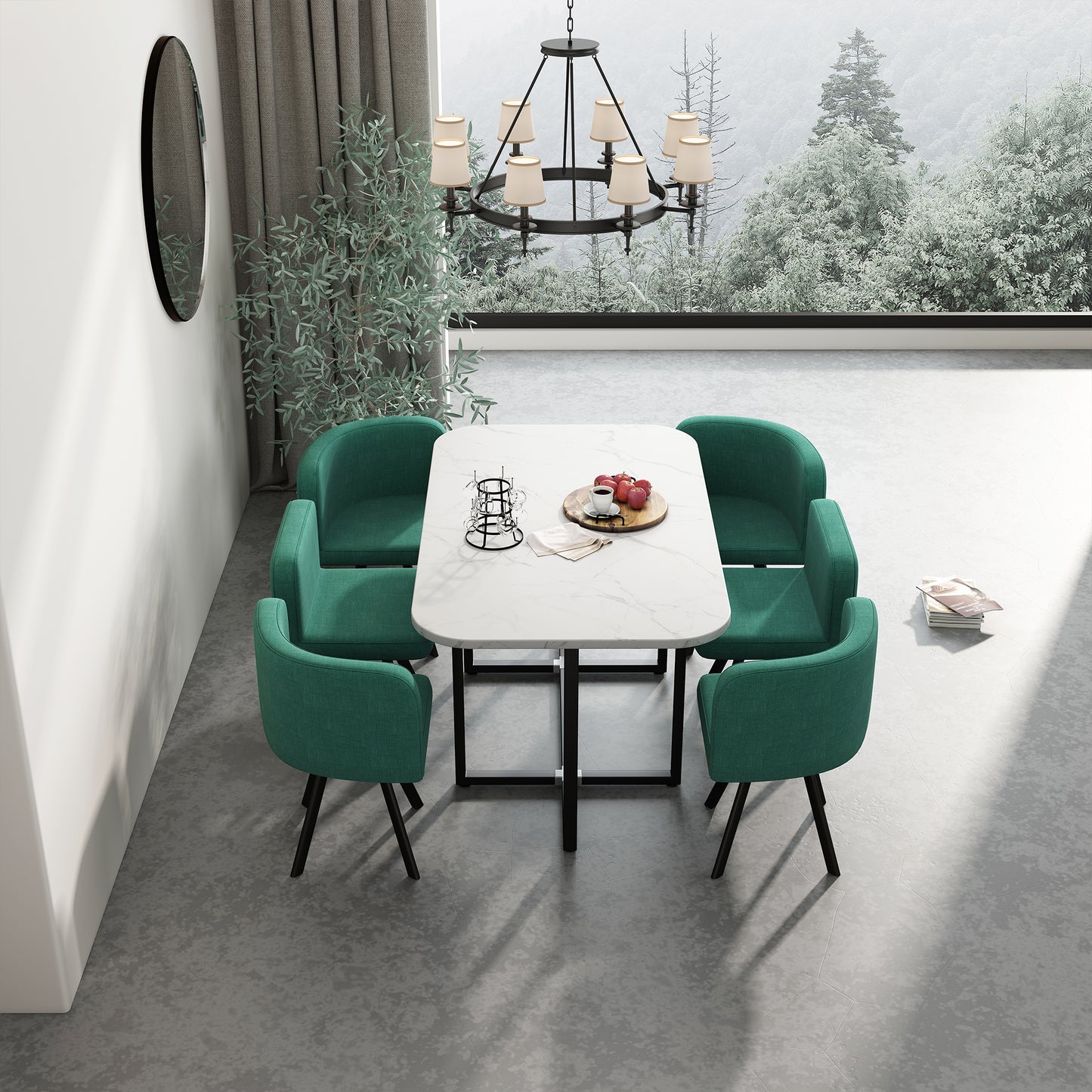 Modern dining set with white marblelook table and four emerald green chairs